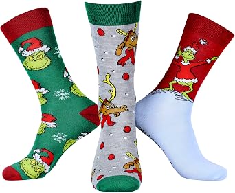 grinch Dr Seuss Character Design Adult Holiday 3 Pair Crew Socks