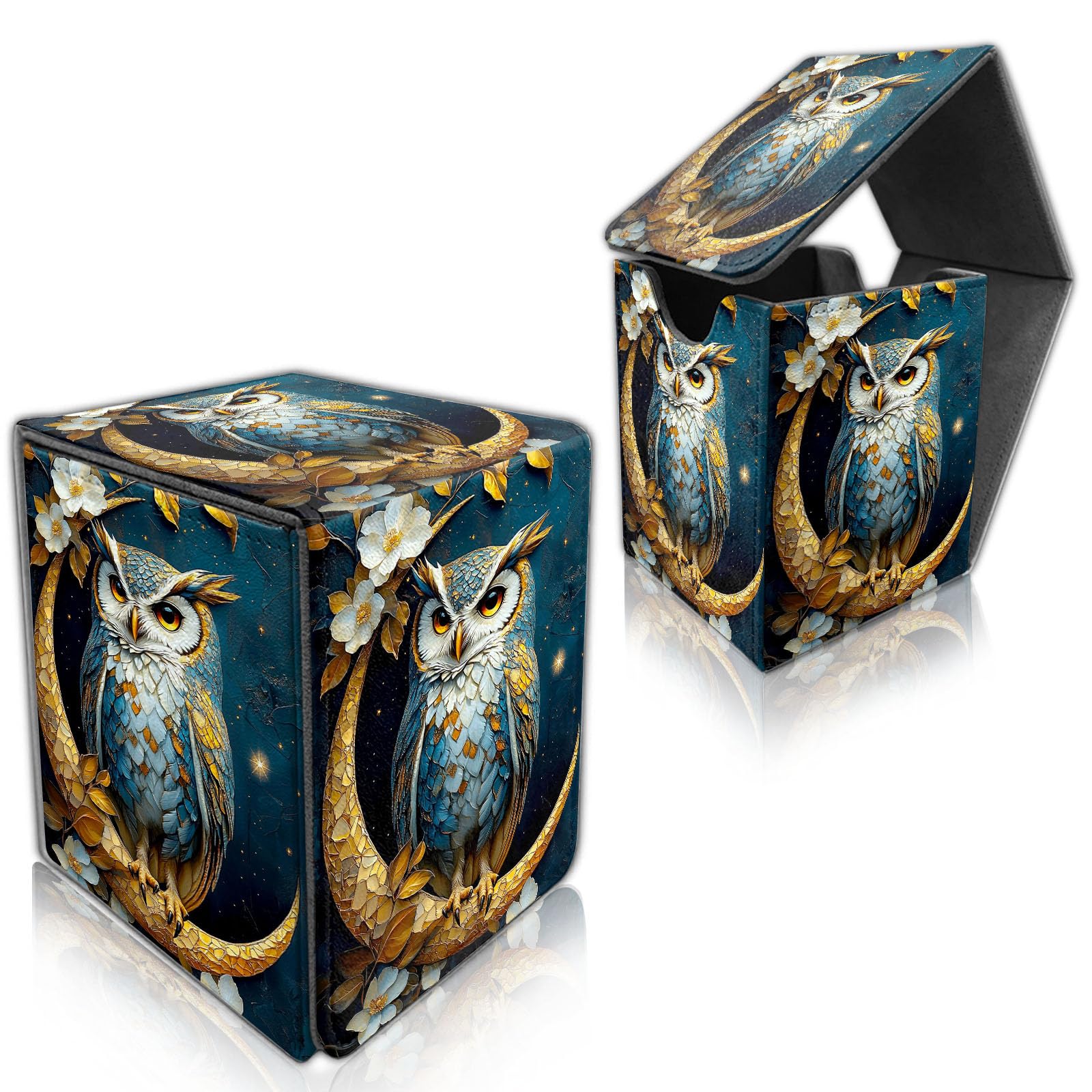 DISUOFEART for MTG Deck Box, Trading Card Storage Case Holds 100+ Sleeved Cards, Owl on Golden Crescent Moon Magnetic Closure Durable Deck Holder for Magic The Gathering, TCG & Commander