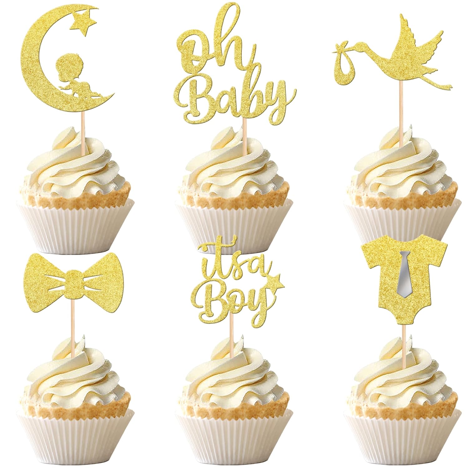 24 PCS It's a Boy Cupcake Toppers with Glitter Moon Tie