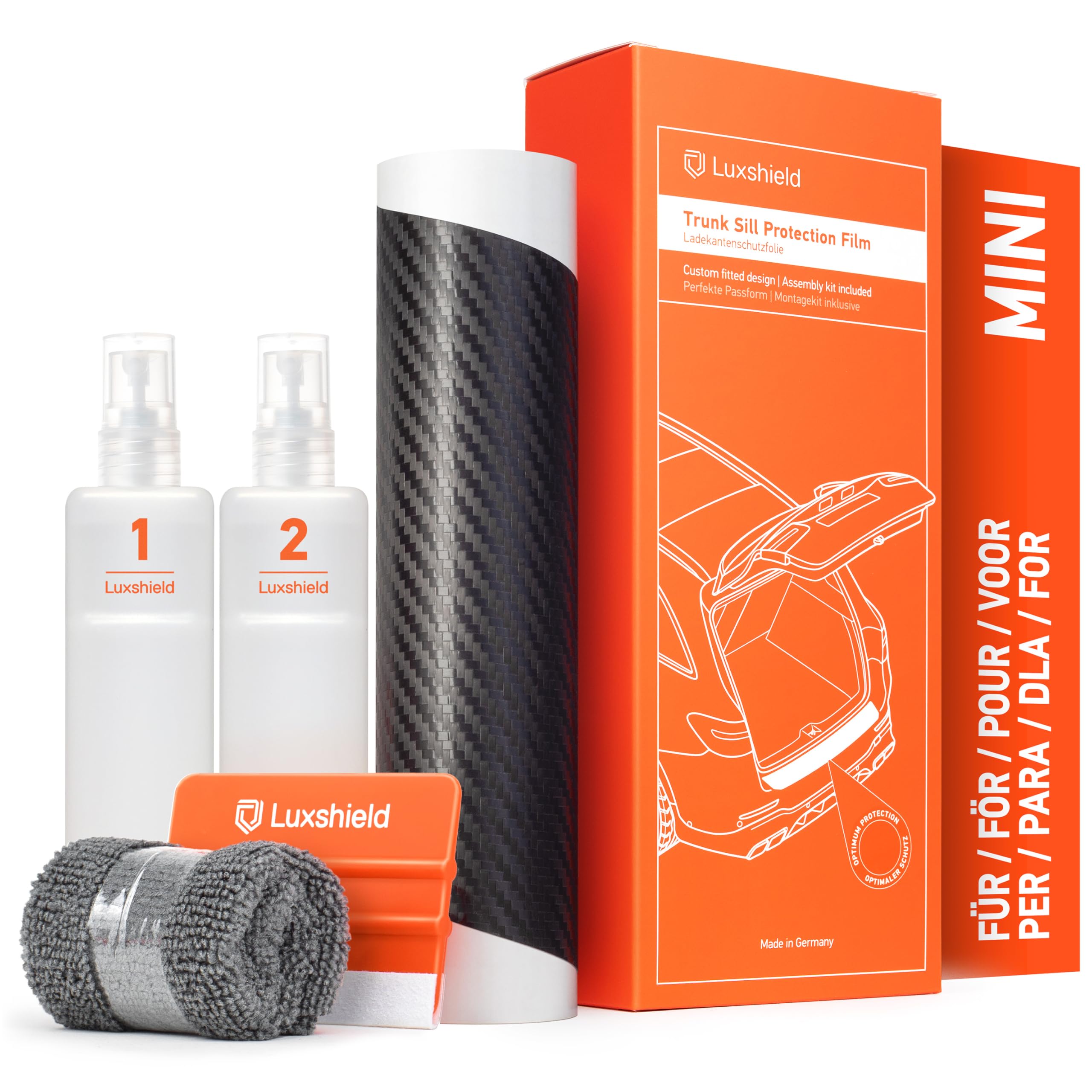Luxshield Ladekantenschutz Folie für MINI Cooper Electric 4 (IV) J01 I 2023-2026 - Stoßstangenschutz, Kratzschutz, Lackschutzfolie - Carbon Schwarz