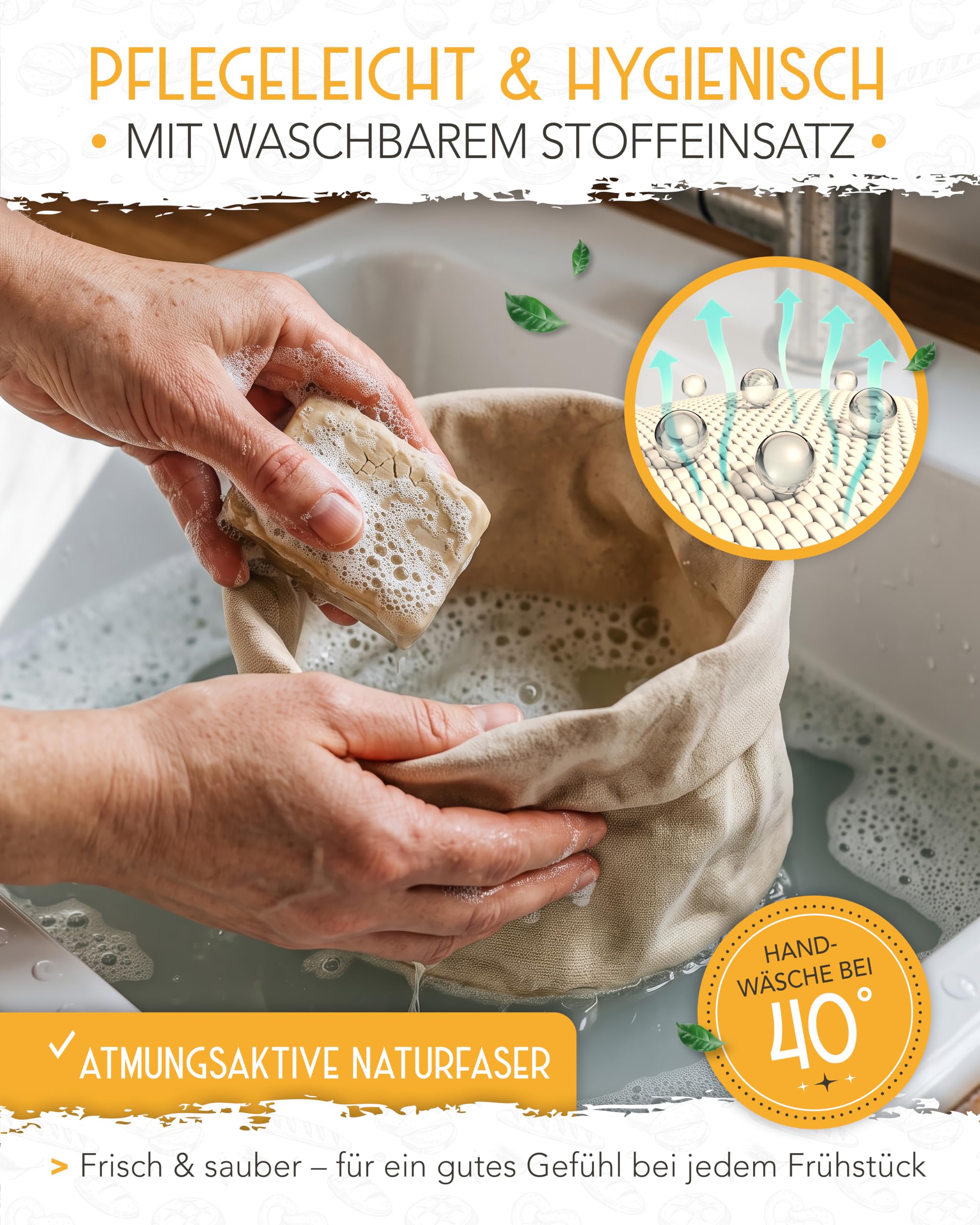KRUSTENZAUBER Nowoczesny koszyk na pieczywo ze 100% bawełny – nadający się do prania koszyk na chleb i bułki, średnica 20 cm, do przechowywania chleba, śniadania, kuchni i stołu, praktyczny i stylowy