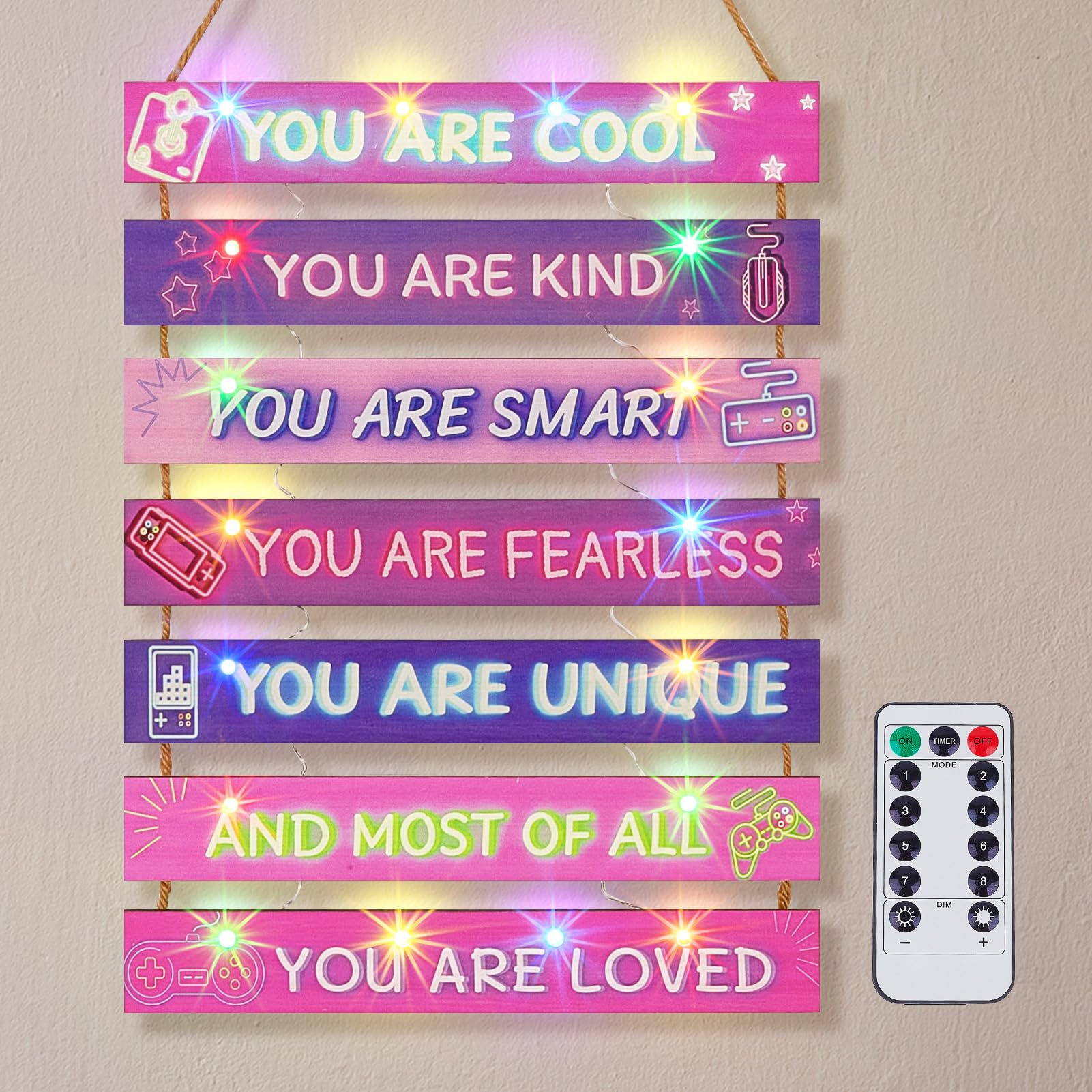 FIOBEE Girls Room Décor for Teen Girls Boys with LED Light Wall Decor for Bedroom Motivational Inspirational Wall Art Girl Room Decoration for Kids Studyroom, 8 Kinds of Lights, Purple Game