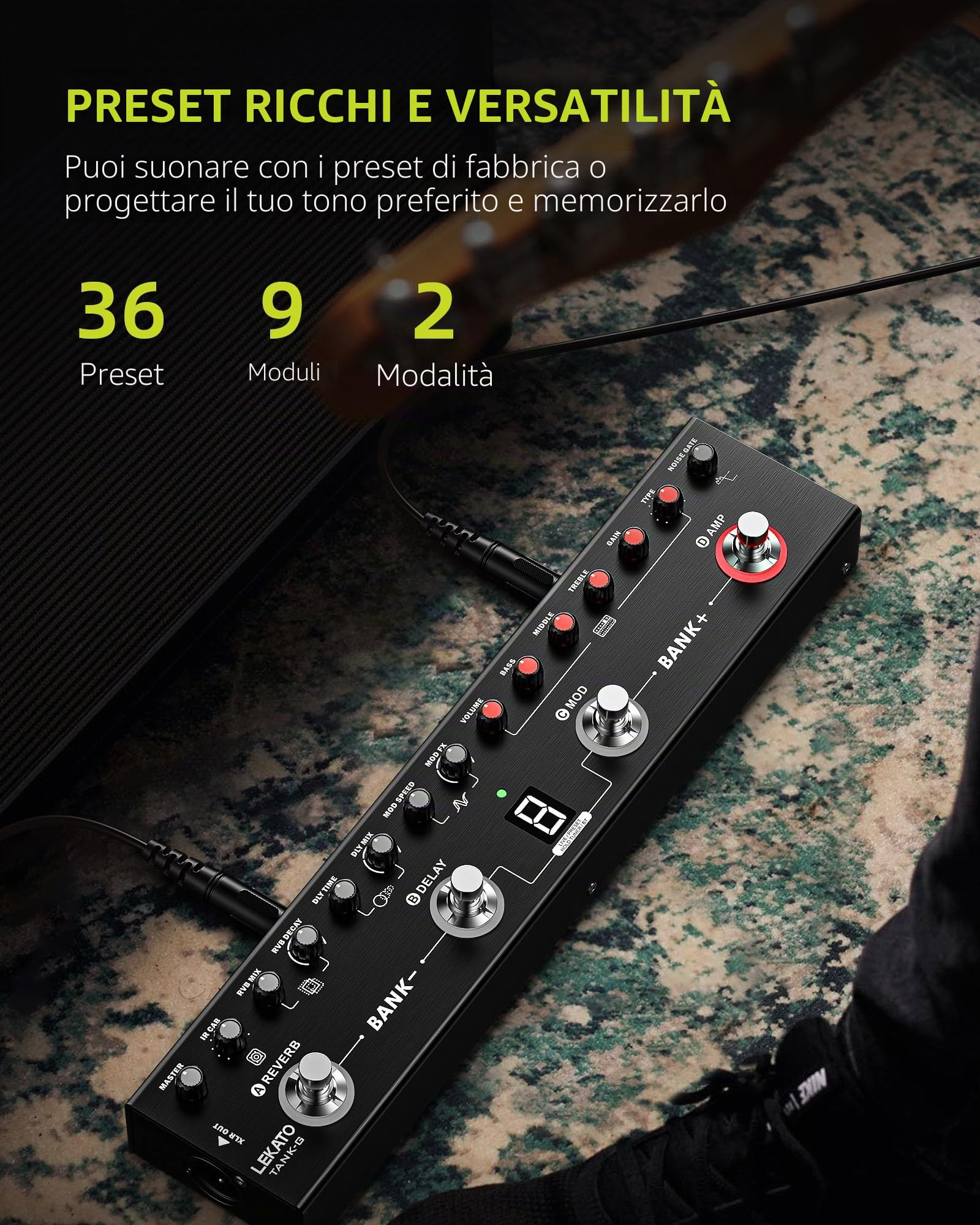 LEKATO Pedale per chitarra multi-effetto, 36 preset modificabili, coro, delay, reverbo, MOD, ricarica IR, registrazione, batteria integrata, connessione BT