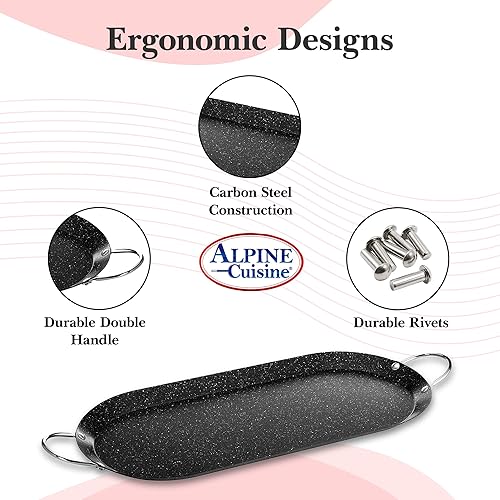 Miniatura 2 de Alpine Cuisine Plancha ovalada de 17.5 x 8 pulgadas con revestimiento antiadherente negro con doble mango duradero, resistente para cocinar,