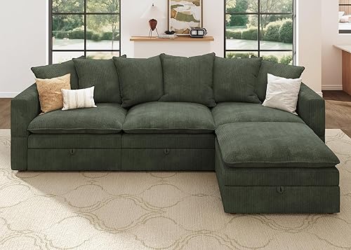 Miniatura 21 de HONBAY Sofá modular seccional, sofás seccionales de pana para sala de estar, sofá en forma de U con almacenamiento, color verde