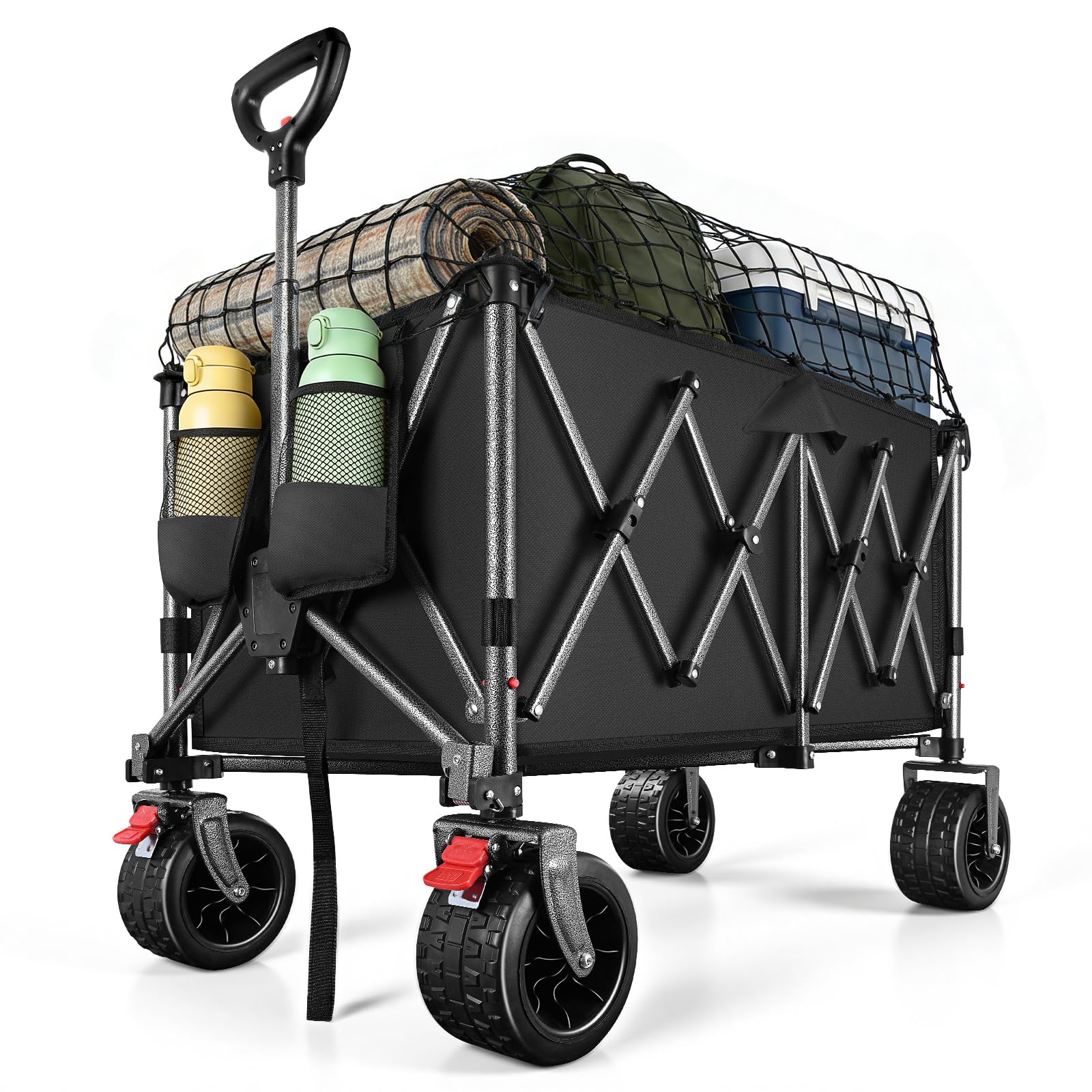 200L Festival Trolley on Wheels, Beach Camping Trolley Heavy Duty, Large Folding Wagon Loads Up to 550LBS, Portable Foldable for Outdoor Garden Shopping Fishing Cart, Ultra Wide Wheels, Pure Black