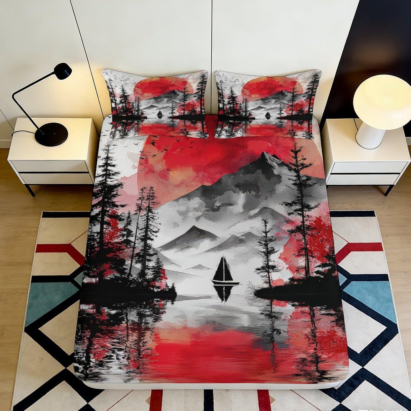 3D Printed Red Sunset Mountain Fitted Sheet Microfiber Soft Sailboat Lake Mattress Cover Bedroom Decor 160x200x25cm