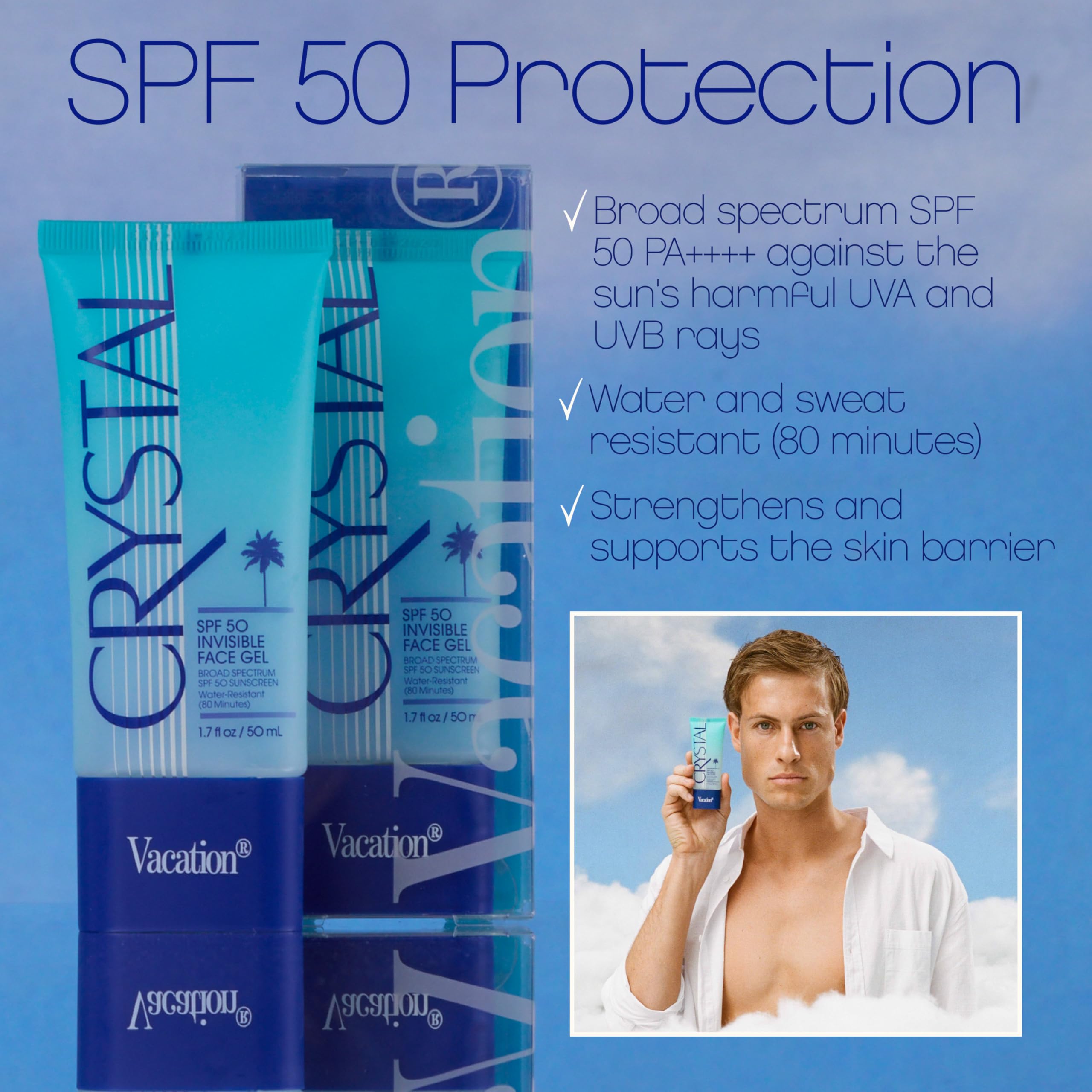 Vacation Crystal SPF 50 Face Sunscreen Gel, 1.7 fl oz, Clear and Fragrance-Free