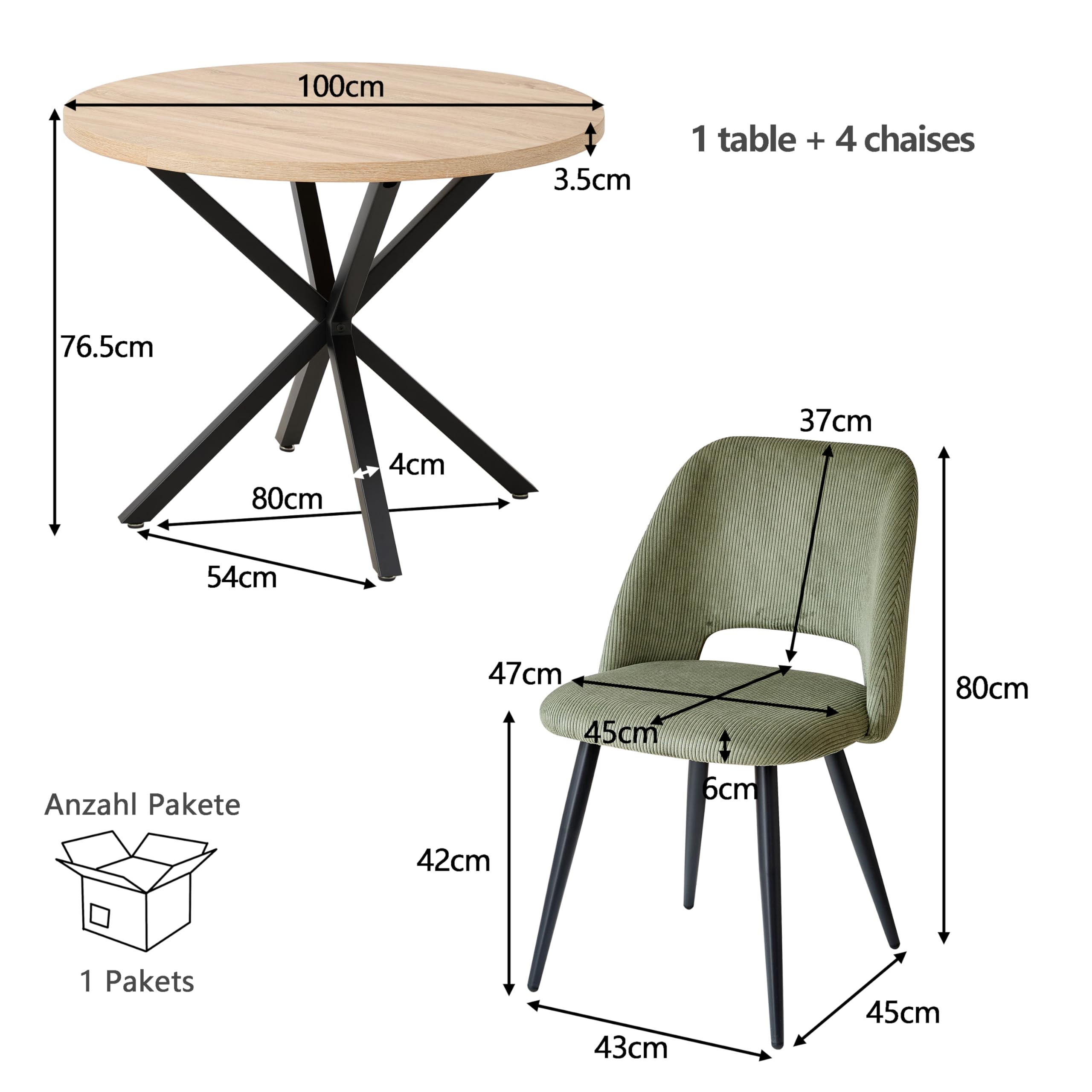 Juego de Mesa y Sillas de Comedor, Mesa de Comedor Redonda de MDF de 100 CM, 4 Sillas de Cocina Tapizadas de Pana,para Comedor, Sala de Estar, Cocina (Claro Color + Verde)