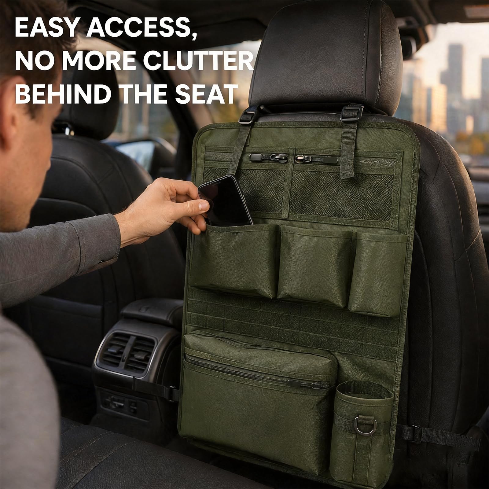 Taktischer Autositz Organizer Rückenlehne 42×62 cm, Auto Sitz Organizer mit MOLLE System, Rückenlehnenschutz mit Taschen, Netztaschen & Becherhalter für SUV, Jeep, Reisen, Camping (Grün)