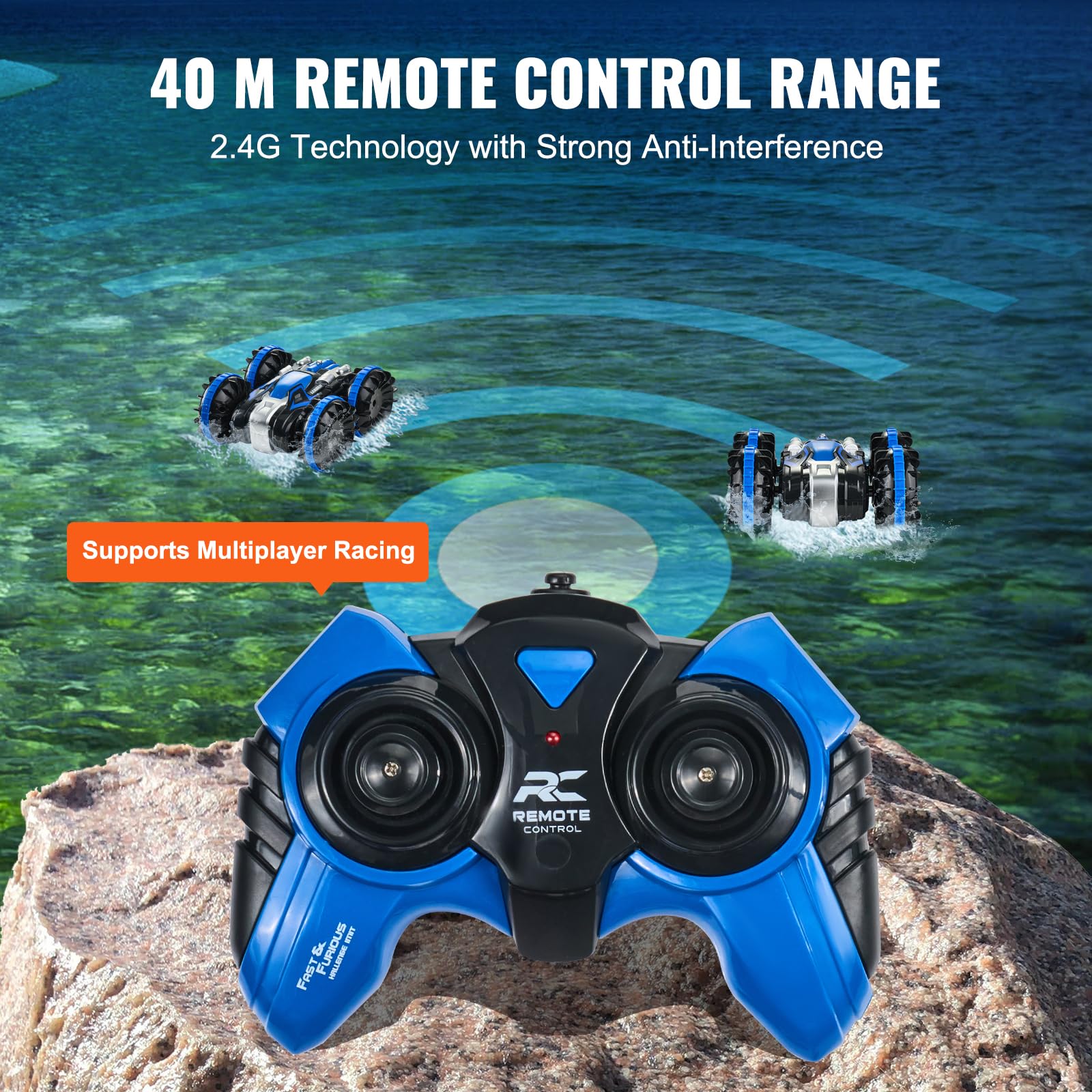 VEVOR Voiture télécommandée amphibie, 4WD étanche 2,4 GHz pour enfants, voiture télécommandée rotative à 360° avec 2 batteries, jouet tout-terrain, plage, piscine pour garçons et filles de 6 ans et