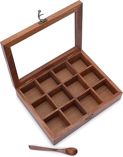 Miniatura 3 de Ajuny Caja de especias indias Masala Dabba hecha a mano de madera con tapa de vidrio en la parte superior con 12 recipientes no extraíbles y 1