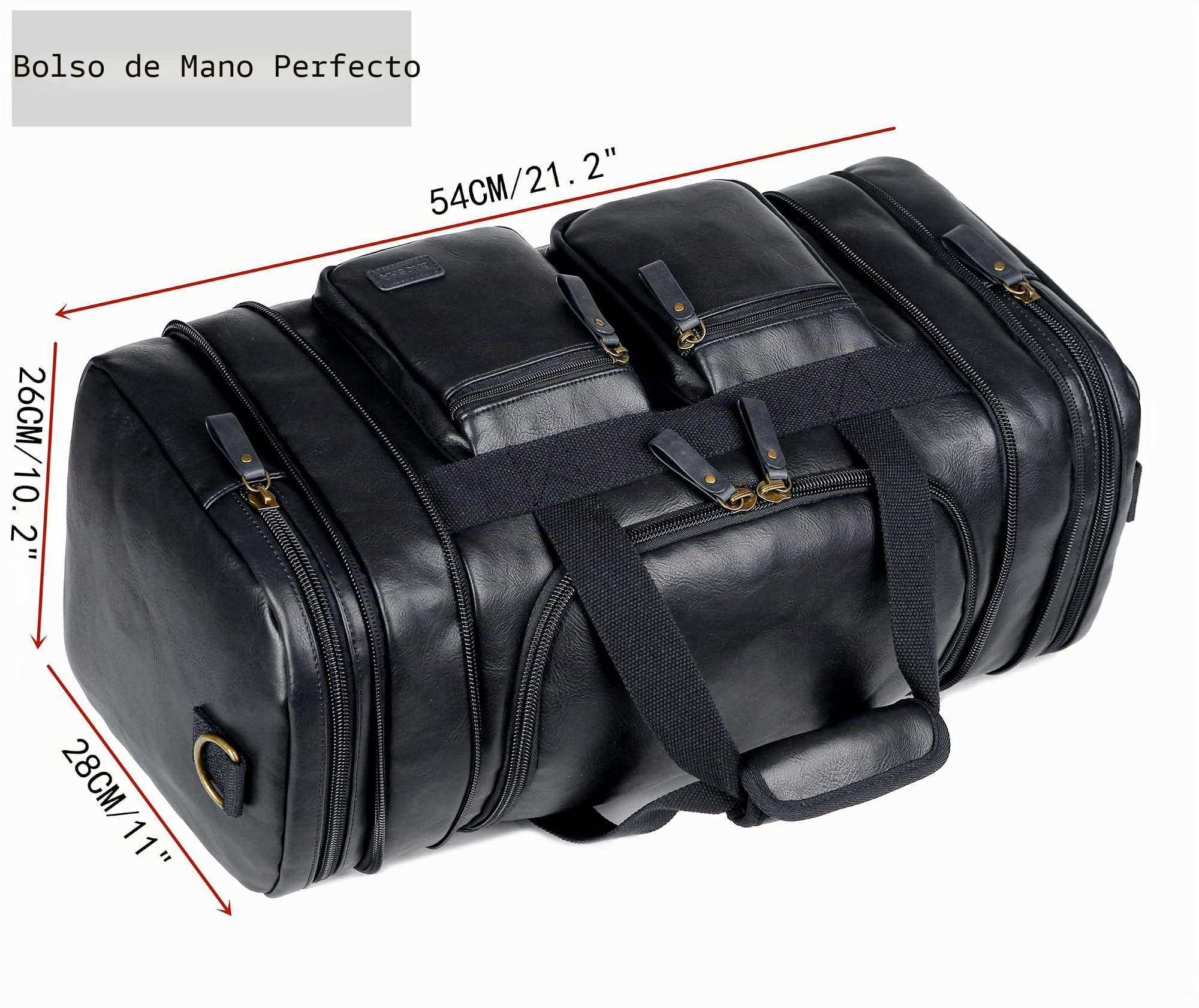 HB-21 - Bolsa de Viaje de Piel Vegana para Fin de Semana, Bolsa Deportiva para Hombre y Mujer, Black, Bolsa de Viaje de Piel