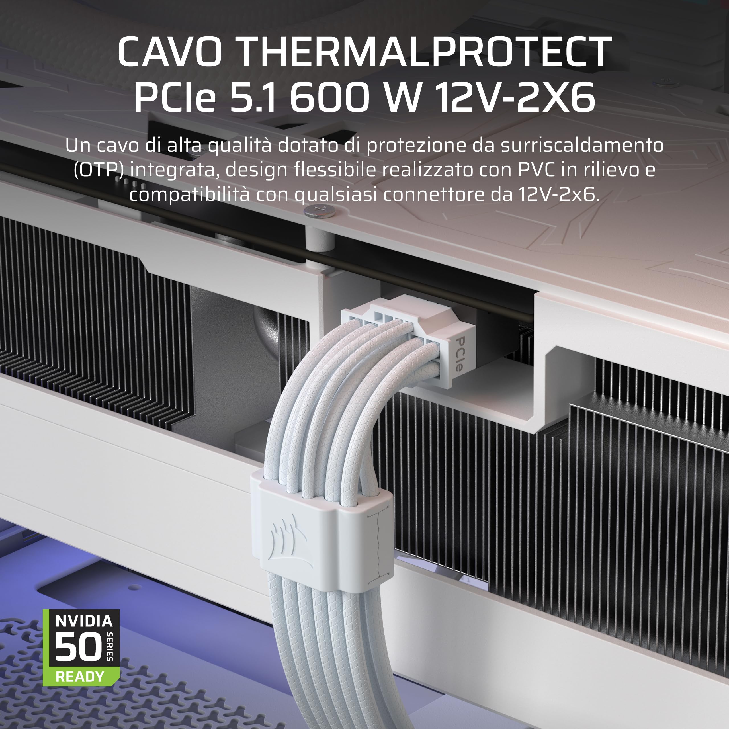 Corsair ThermalProtect PCIe 5.1 600W 12V-2x6 Cavo – Bianco | Protezione da sovratemperatura (OTP) integrata, Compatibile con alimentatori dotati di connessione 12V-2x6