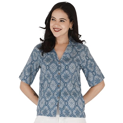 Women’s Cotton Printed Collared Shirt Top | Half Sleeve Casual Button Down Short Shirt for Women | Office