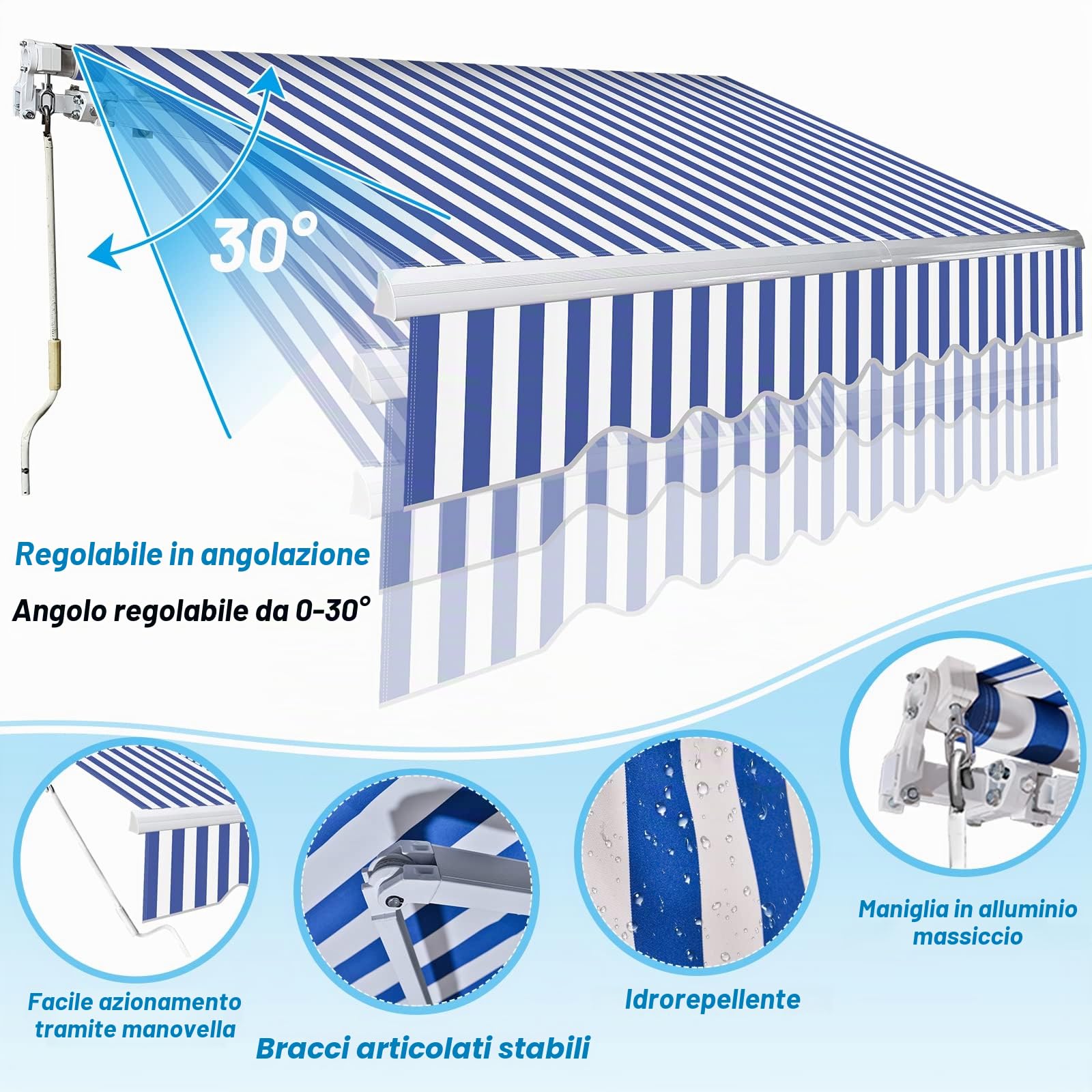 Tenda da sole con braccio snodato, 350x300cm Tenda da sole per Terrazze, Angolazione Regolabile, Meccanismo Manuale, Tenda da Sole Avvolgibile Anti-UV Impermeabile, Blu e Bianco