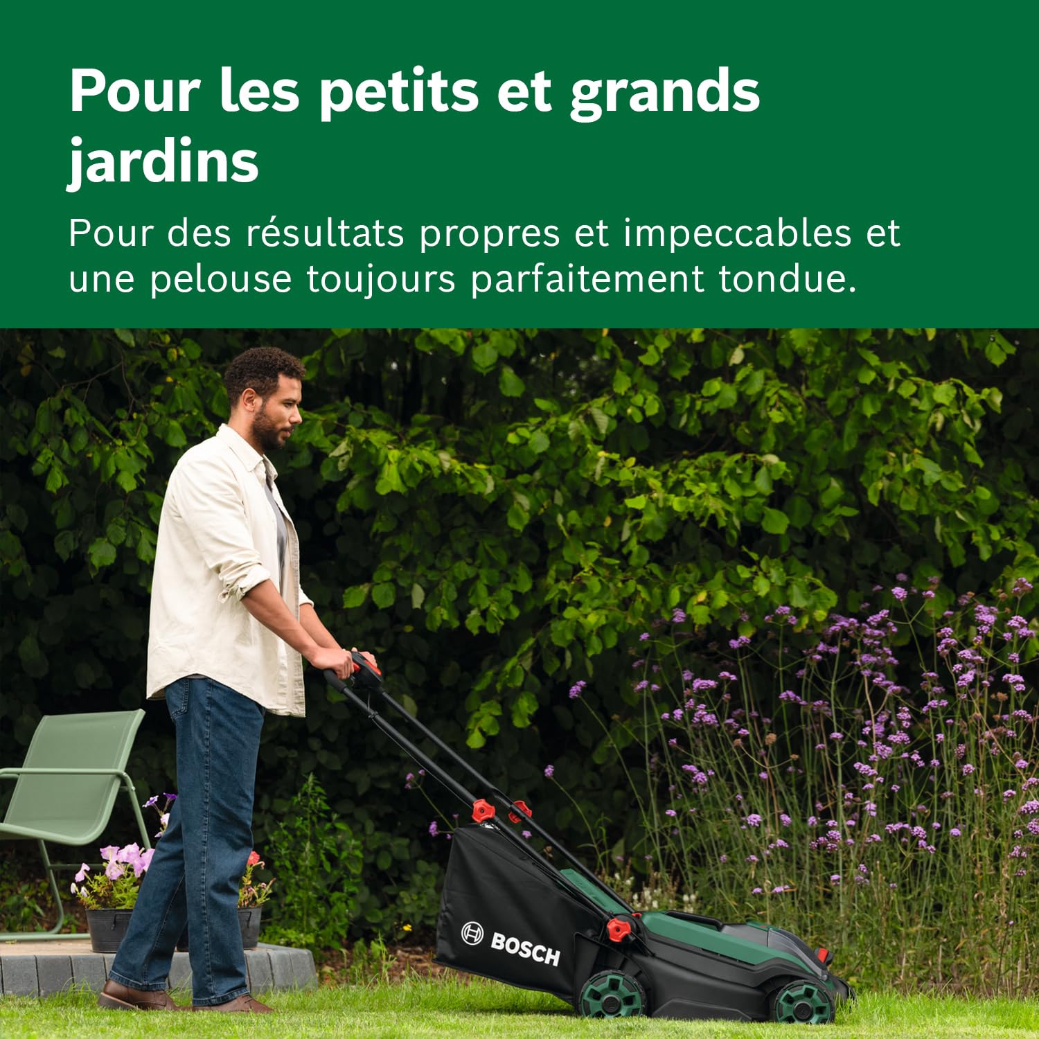 Bosch Tondeuse à Gazon sans-Fil ROTAK18V2-38 (Largeur de Coupe: 38 cm, Hauteur de Coupe: 30-75 mm, Sac de ramassage en Tissu de 40 l, Accessoire de Mulching, sans Batterie)