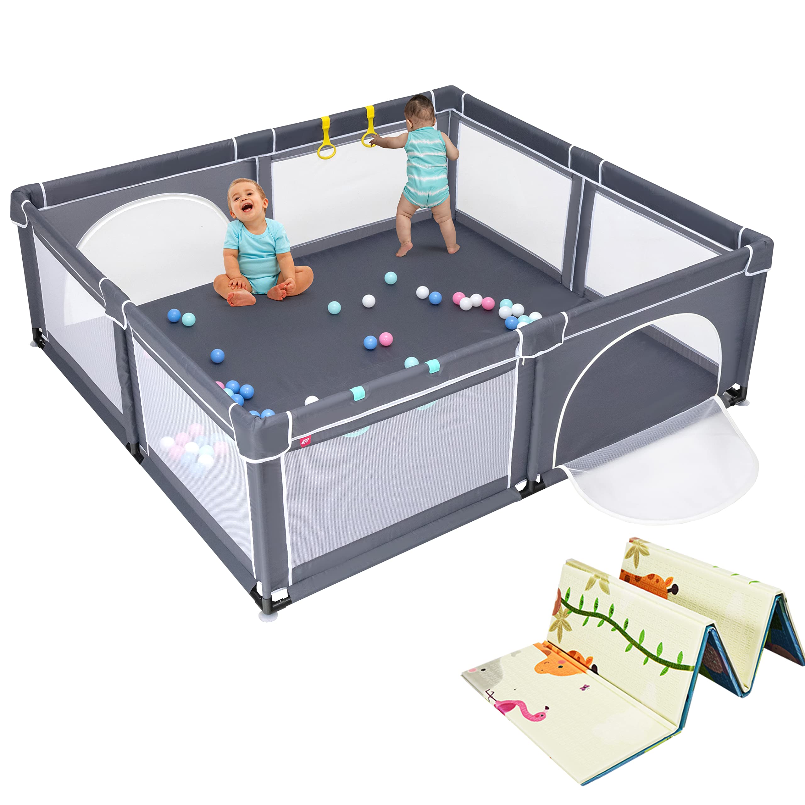 COSTWAY Parc Bébé en Tissu Oxford avec Tapis Zoo Antidérapant, Centre d'Activité Enfants avec 4 Poignées, Maille Respirante, 50 Boules, Sac de Transport pour Bébé 0-3 Ans(206 x 185,5 x 68 cm)