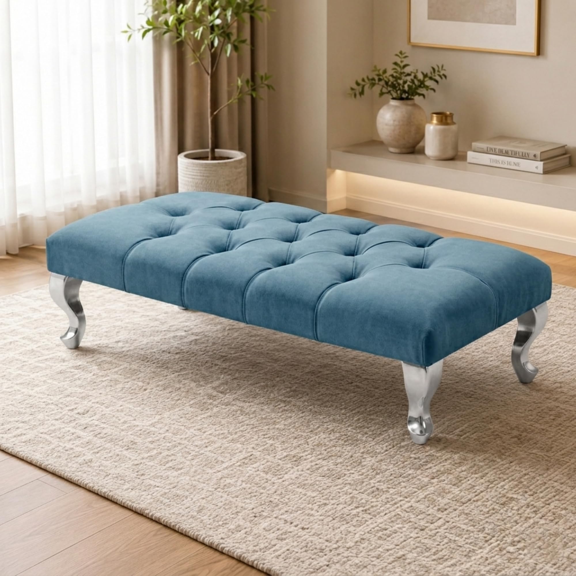 Aiza Chesterfield Velvet Footstool Bench Silver Legs 102cm - Duck Egg Blue