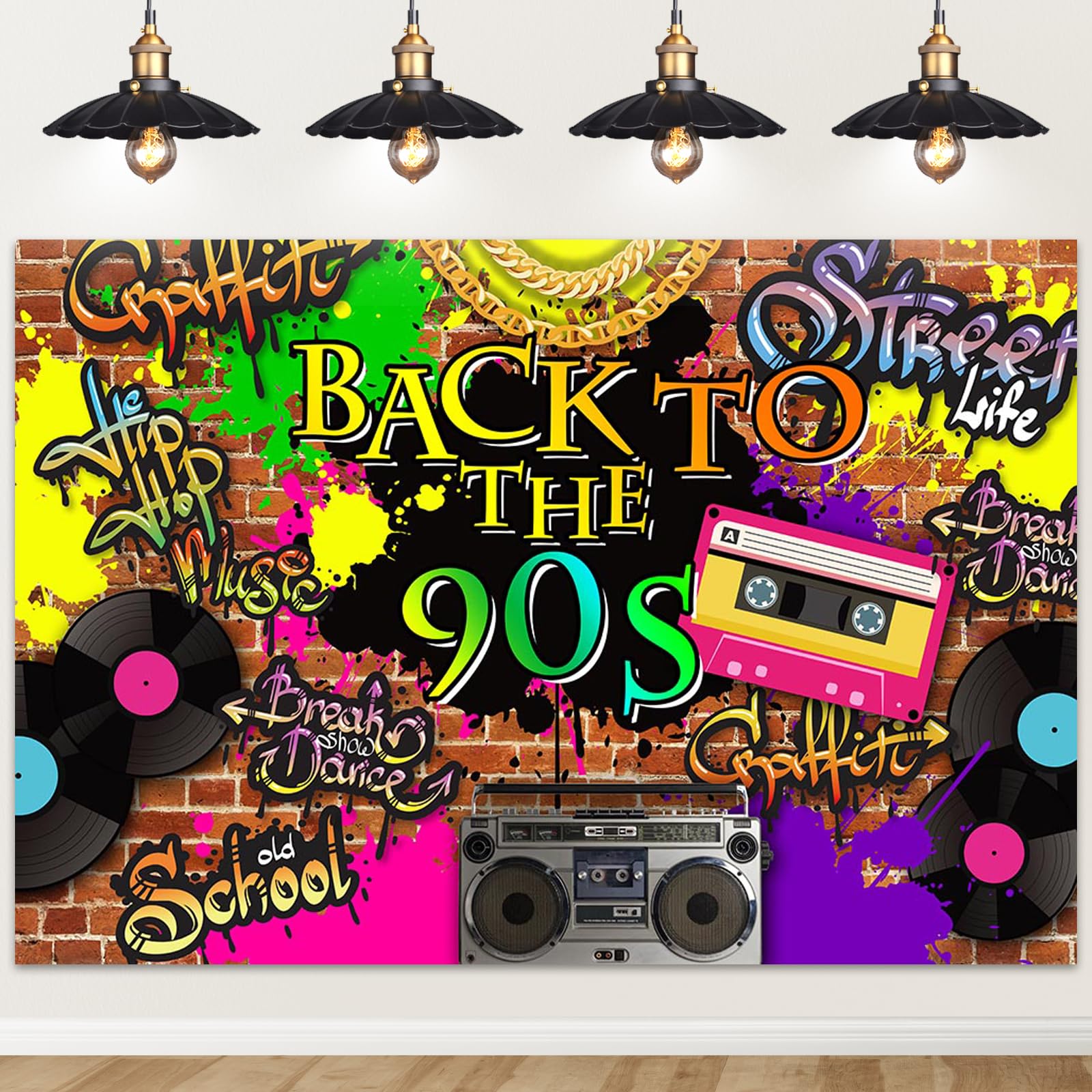 Mocsicka90’S Backdrop Hip Hop Graffiti Brick Wall Retro Radio Fashion Photography Background Back to The 90’S Themed Party Banner Decoration Backdrops (7x5ft)