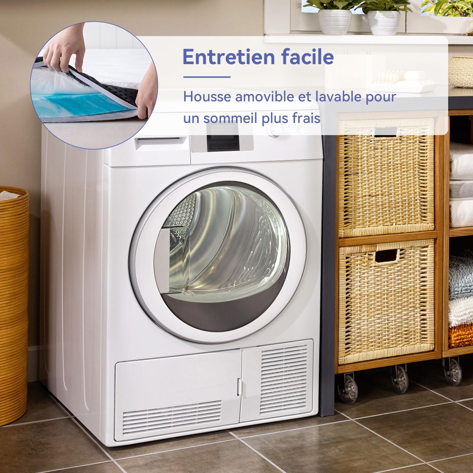 Amazon Basics Surmatelas de Mousse à Mémoire de Forme avec Gel Rafraîchissant Moelleux, 140 x 190 x 7 cm, Blanc