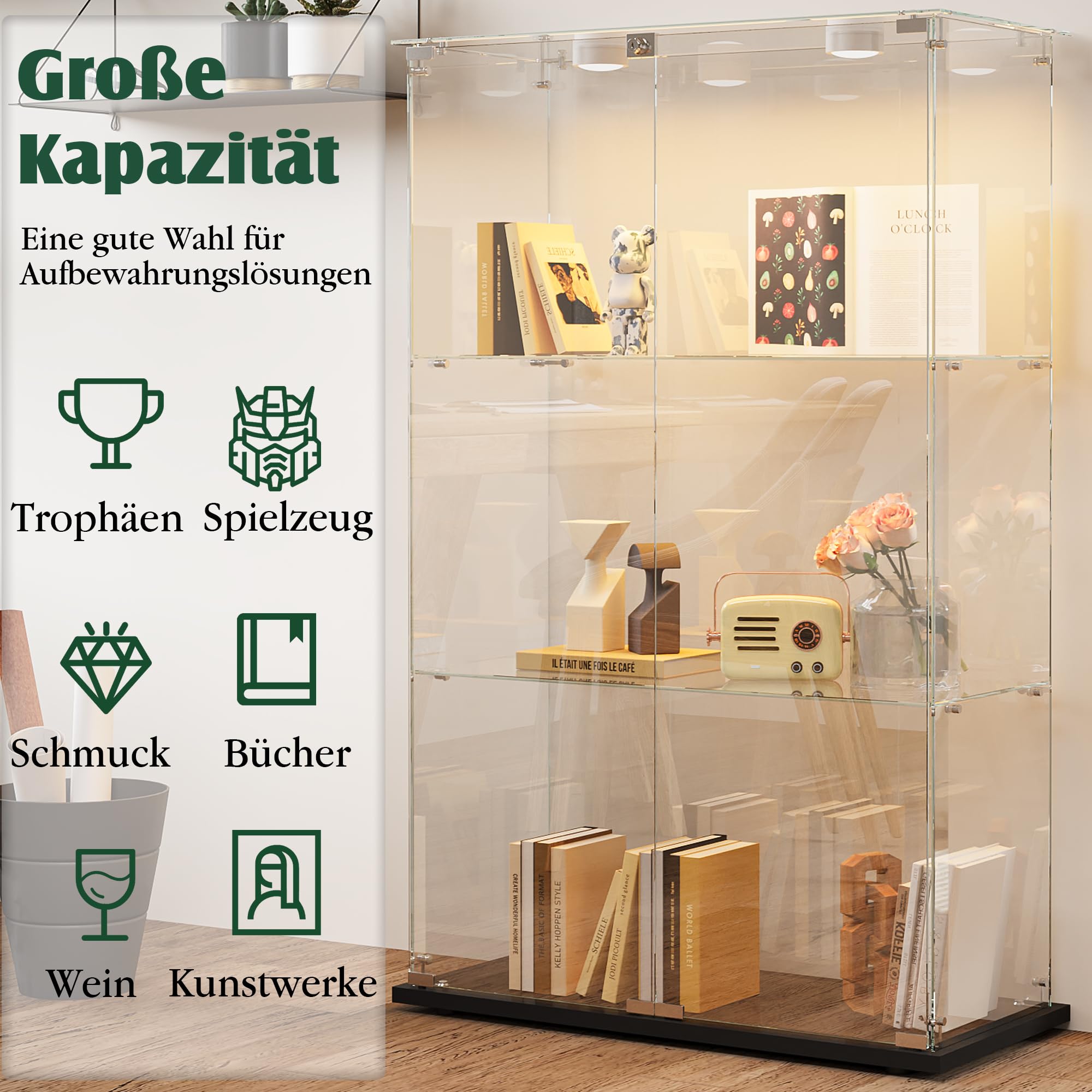 3-poziomowa zamykana witryna wystawowa ze światłami LED, 123 x 35 x 78 cm, ciekawska witryna na przedmioty kolekcjonerskie, elegancka witryna do przechowywania w salonie, futrzana witryna