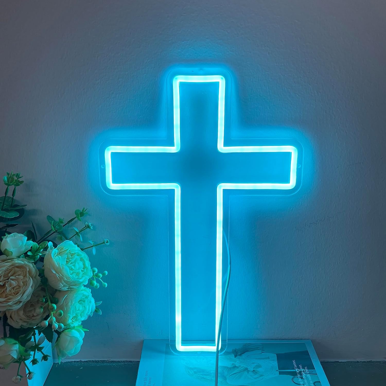 Cross Neon Sign LED Light Wall Art Decor Interior Design Lamp Hanging for Church Club Party Bedroom Decor Kids Teens Kids Halloween Christmas Wedding Party Acrylic Signs (Ice Blue)