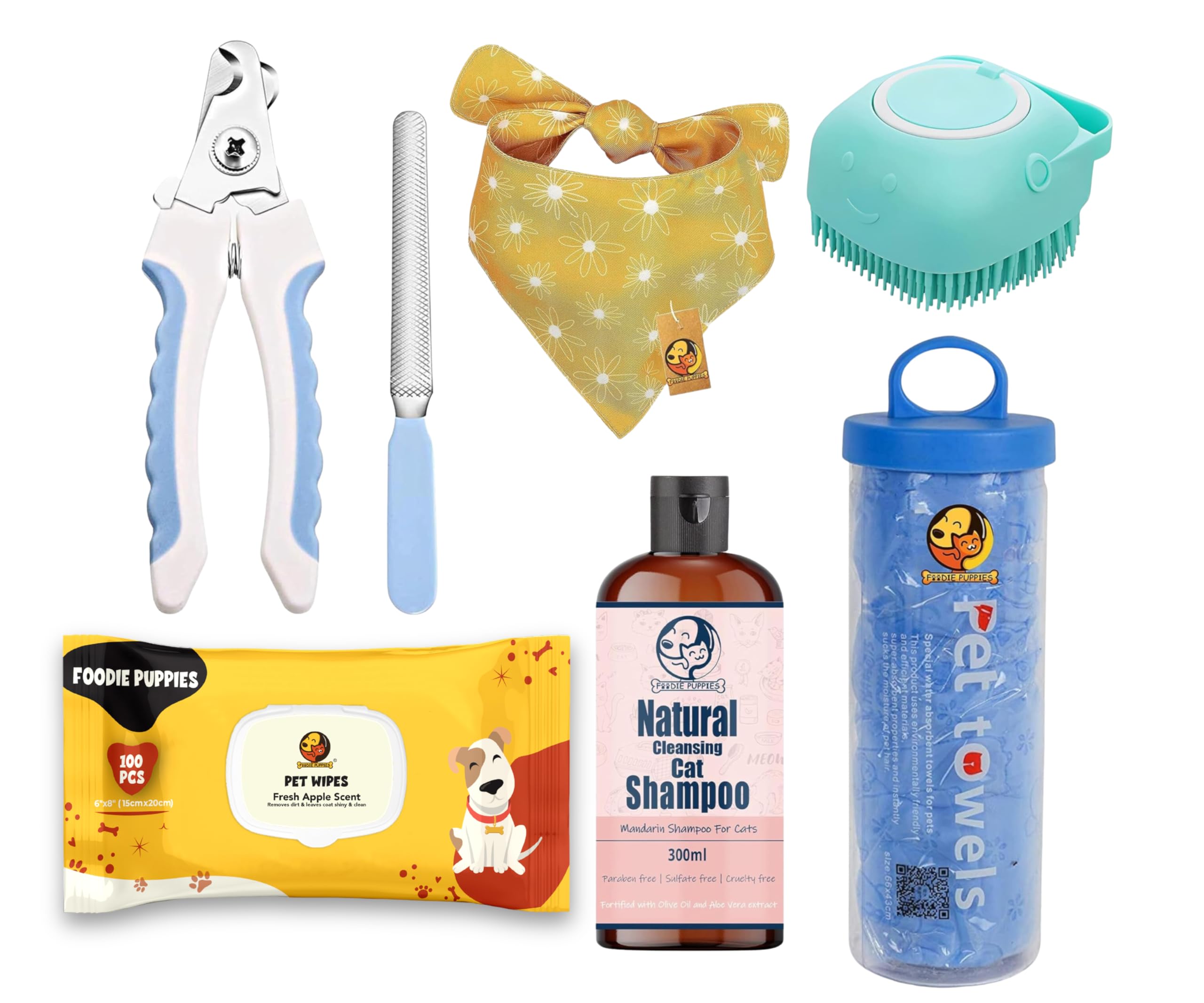 Foodie Puppies 6-in-1 Cat Essentials Gift Box (Cat Grooming Kit) | Cat Shampoo, Silicon Dispenser Brush, Wet-Wipes 100Pcs, Bandana, Bathing Towel & Nail Clipper (Color May Vary) (B0CHMXCZG1) Amazon Price History, Amazon Price Tracker
