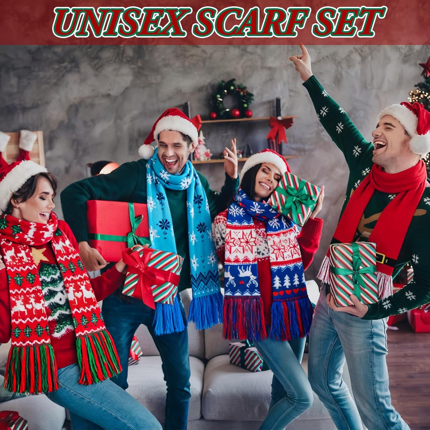 Coume 8 Pcs Knitted Scarf with Tassels Unisex Winter Neck Warmer Scarf Red Long Scarves for Men Women Holiday Gift - Image 5