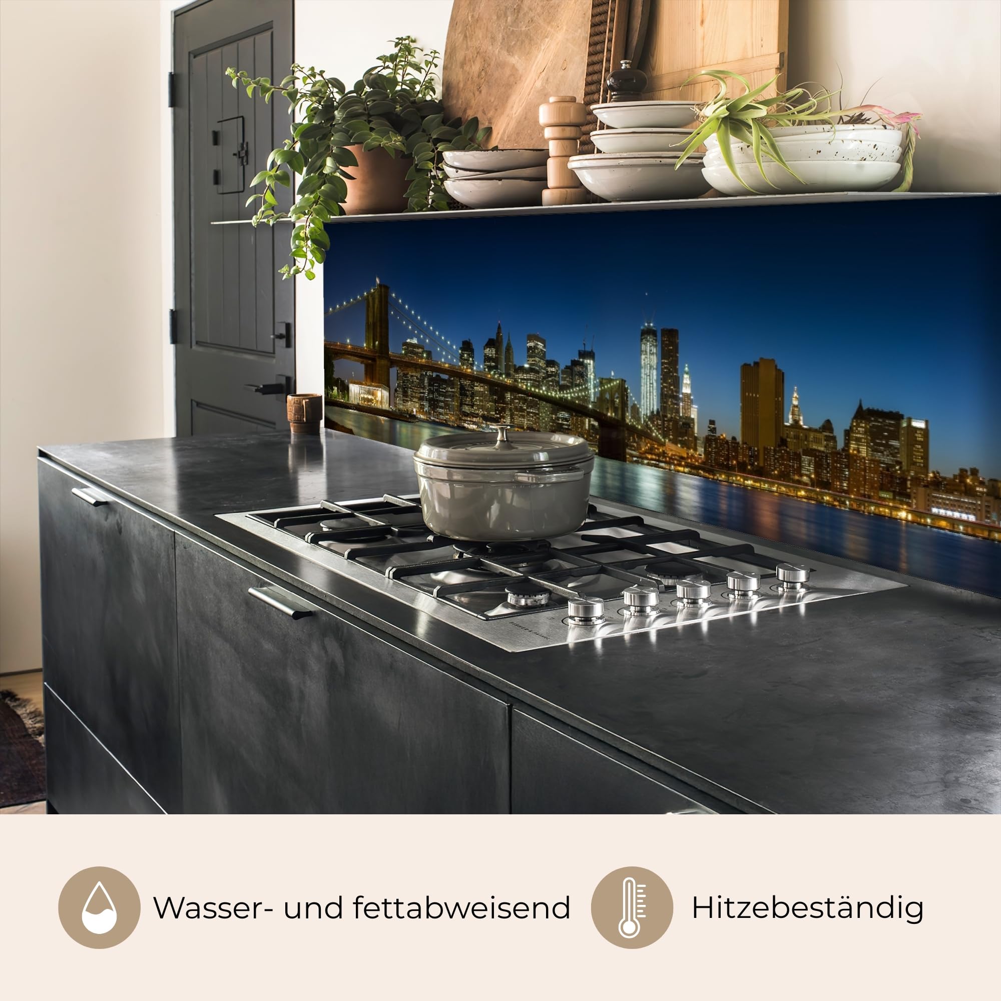 KitchenYeah© Spritzschutz Küchenrückwand 60x300 cm Selbstklebend Küche Rückwand Küchenwand Wand Küchenfront Verkleidung Küchenspritzschutz Stadtlichter - Abend - Skyline - Brücke