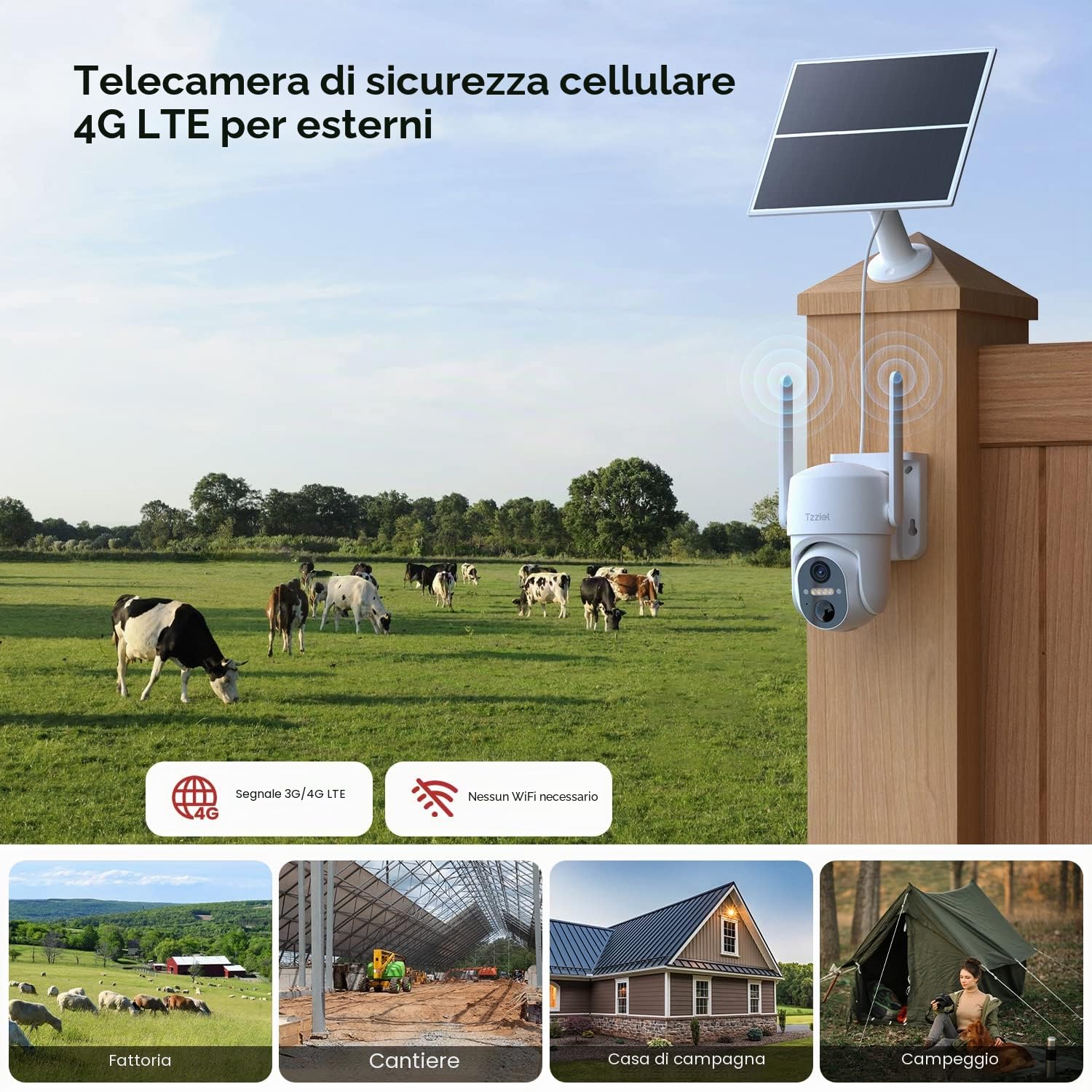 4G Telecamera con Sim,Telecamera di Sicurezza Esterno Senza Fili con Pannello Solare,Rilevamento PIR,Rotazione 355°/100°,Visione Notturna a Colori,Audio Bidirezionale,Impermeabile IP66