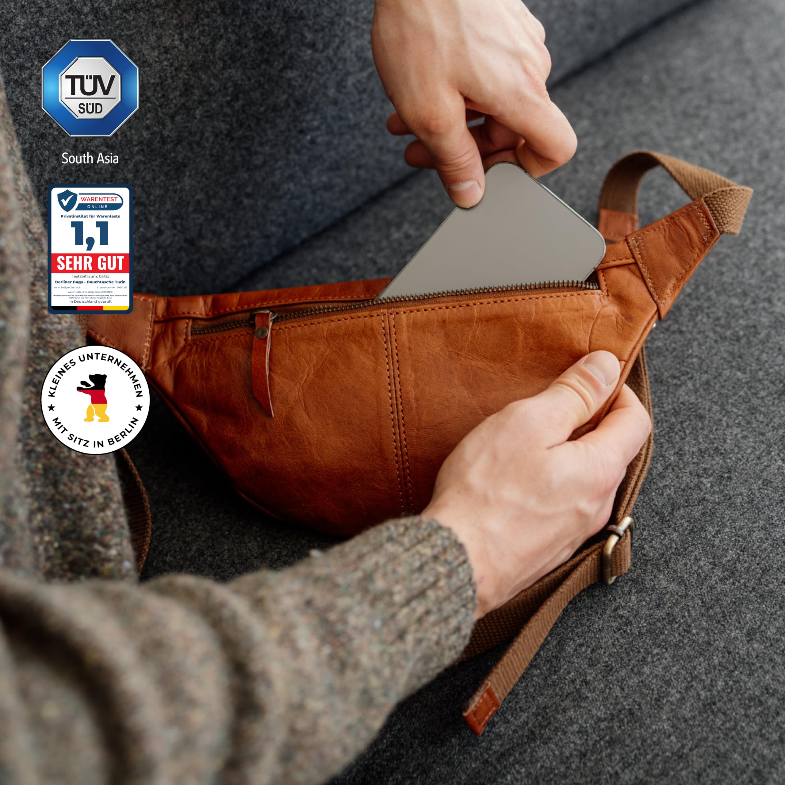 Berliner Bags Vintage Bauchtasche Turin, Gürteltasche aus Leder, mit verstellbarem Gurt und YKK Reißverschlüsse, Wasserabweisend für Herren - Braun