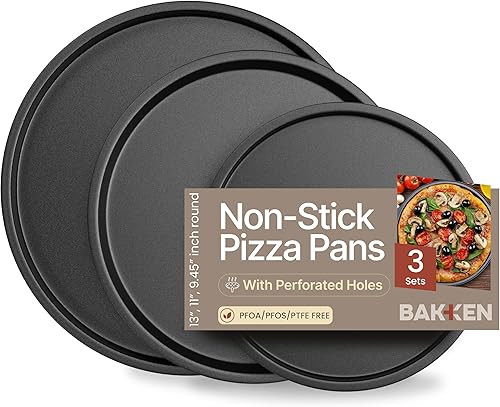 BAKKENMASTER Bakken Swiss Pizza - Juego de 3 bandejas para pizza, revestimiento gris, antiadherentes, redondas de acero, aptas para lavavajillas,