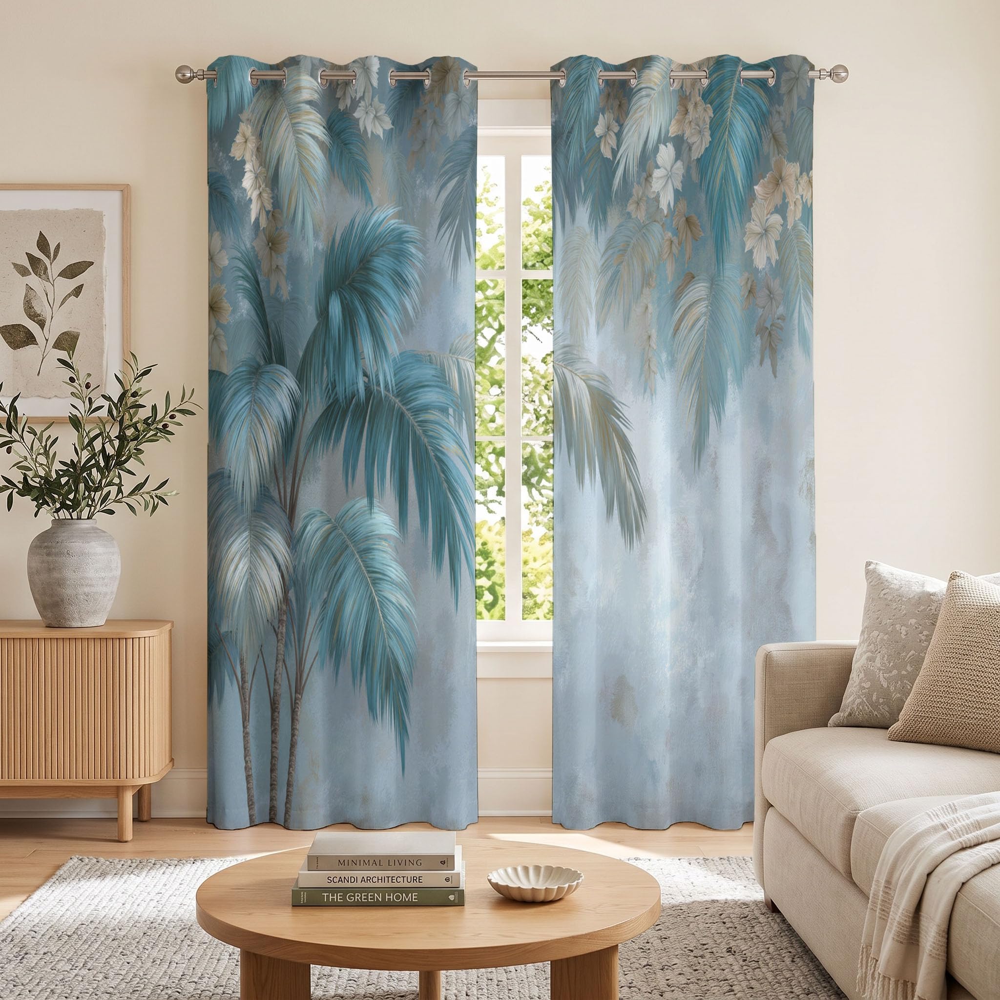 Hojas Tropicales Cortinas Opacas De Hojas Palma Pequeñas Flores Blancas Salon Dormitorio Decoración De La Ventana, 2 Piezas Cortinas Ollaos Azul Hielo, Aislantes Frio Y Calo 140An X 175Al Cm