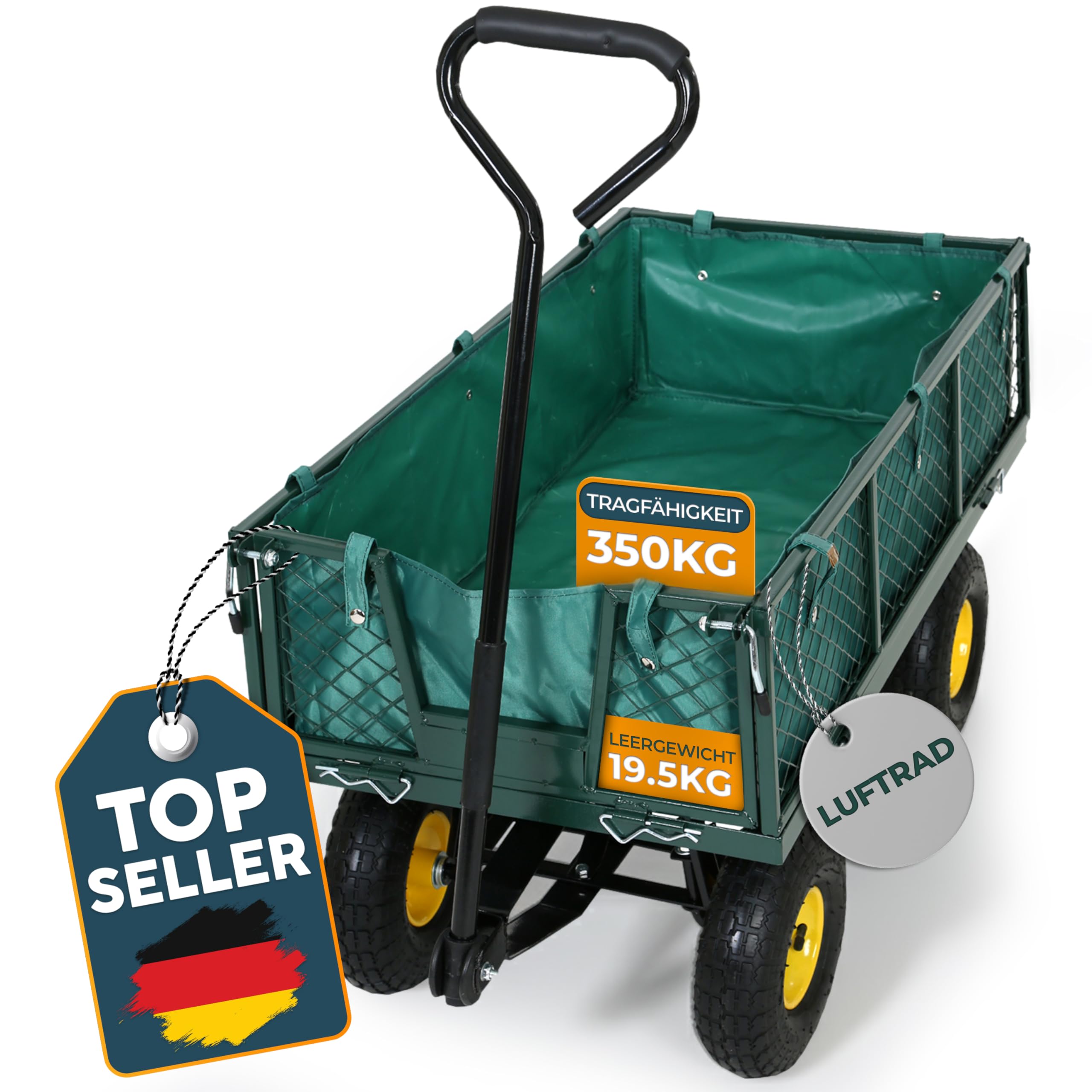 FROSAL Transportwagen Phil mit Lufträdern – Gartenwagen mit klappbaren Seitenwänden – Eigengewicht 19,5 kg – bis 350 kg Tragkraft – Maße 96,5×50,5×56,5 cm – Reifen Ø 26 cm – Stahlrahmen mit Innenplane
