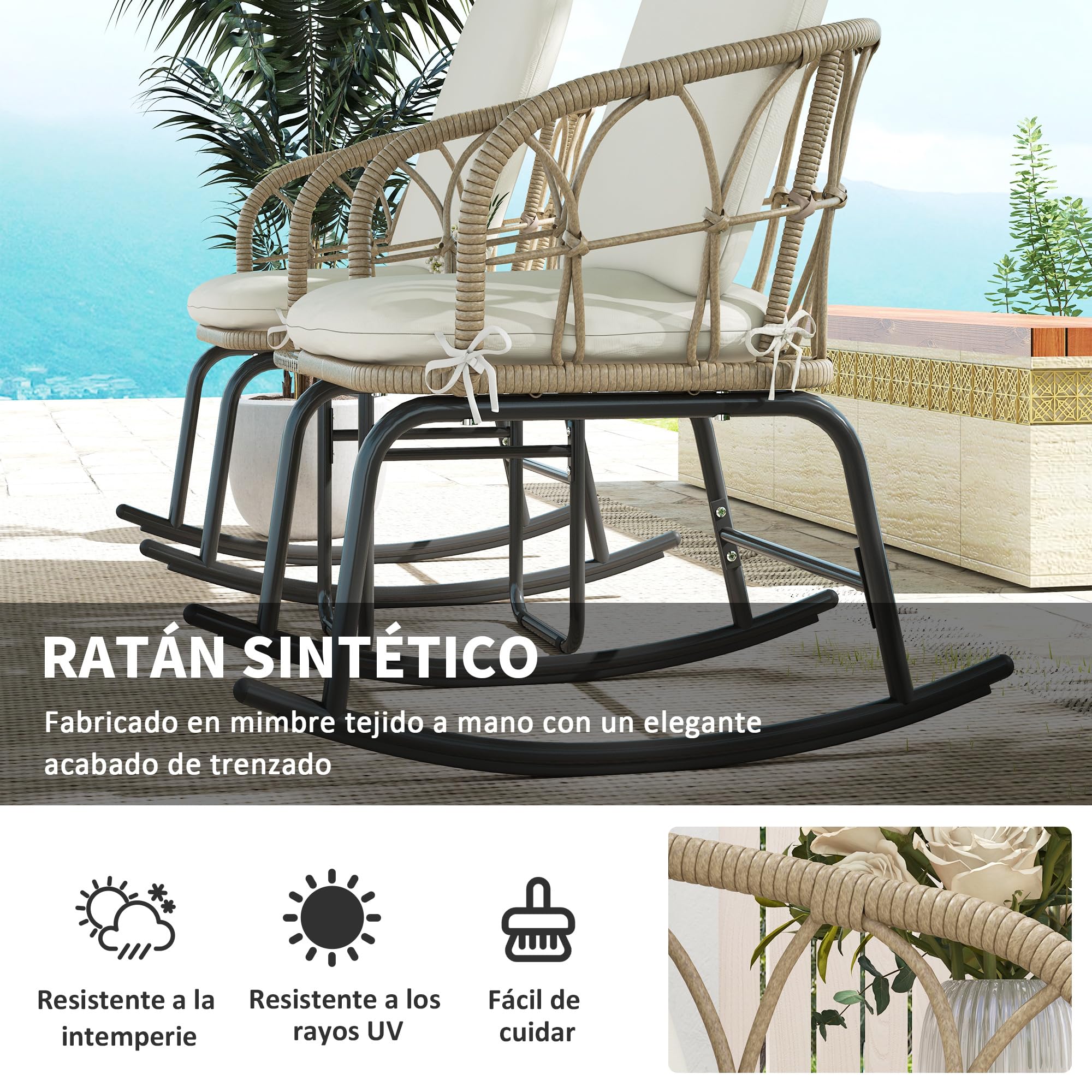 Outsunny Conjunto de Muebles de Ratán de 3 Piezas Conjunto de Mecedoras de Jardín con 1 Mesa de Centro 2 Mecedoras y Cojines para Jardín Terraza Patio Crema y Beige