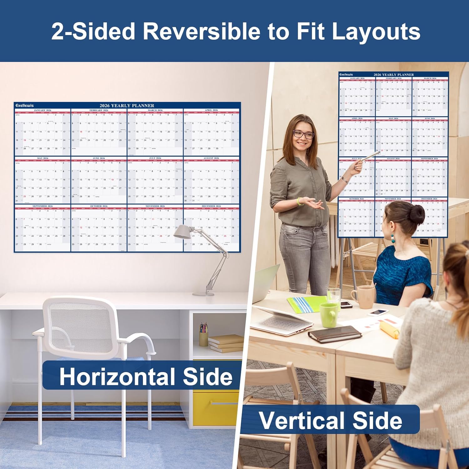2026 Wall Calendar 32" x 48" Wet & Dry Erase Calendar for Wall - Large Yearly Planner 12 Months, 2-Sided Reversible Horizontal Vertical Calendar January to December for Home Office School