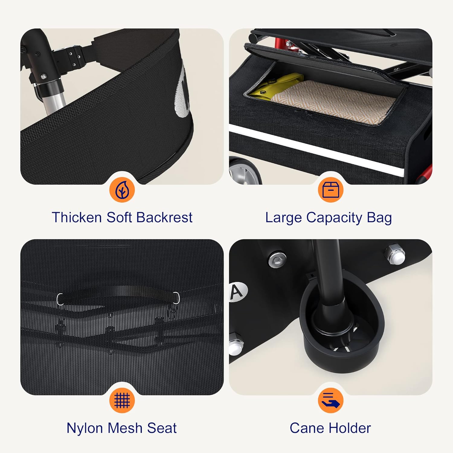Detailed view of rollator components including backrest, storage bag, mesh seat, and cane holder.