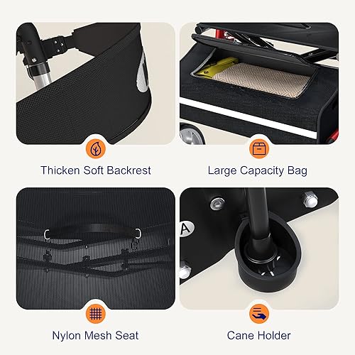 Miniatura 7 de Caminantes para personas mayores con asiento, andador de aluminio VOCIC con ruedas y asiento de 10 pulgadas, andador plegable con amortiguador,