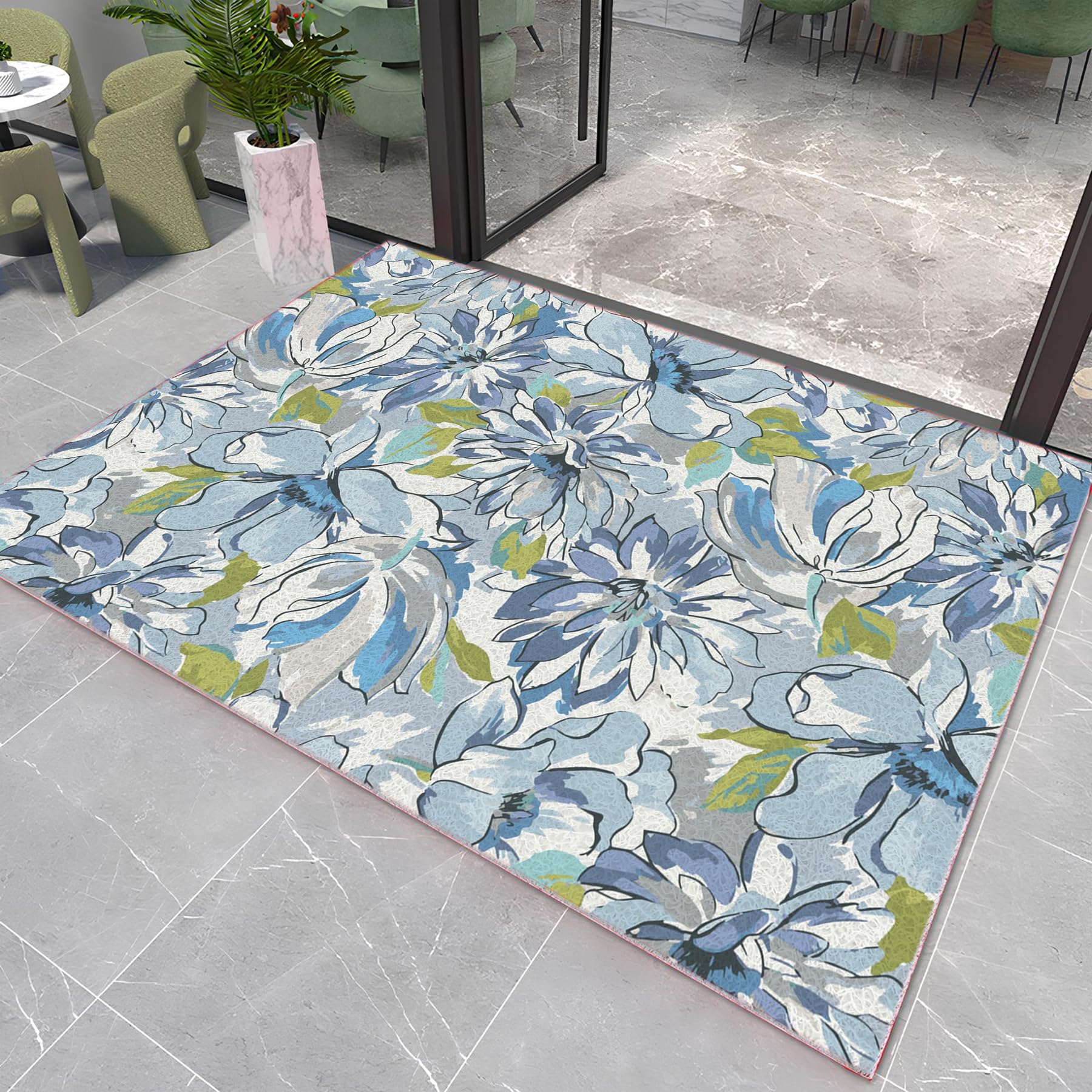 Felpudo interior antideslizante, de PVC, felpudo, felpudo, felpudo, felpudo, felpudo para entrada o puerta exterior (140 x 150 cm/55,12 x 59,06 pulgadas, pétalos azules)