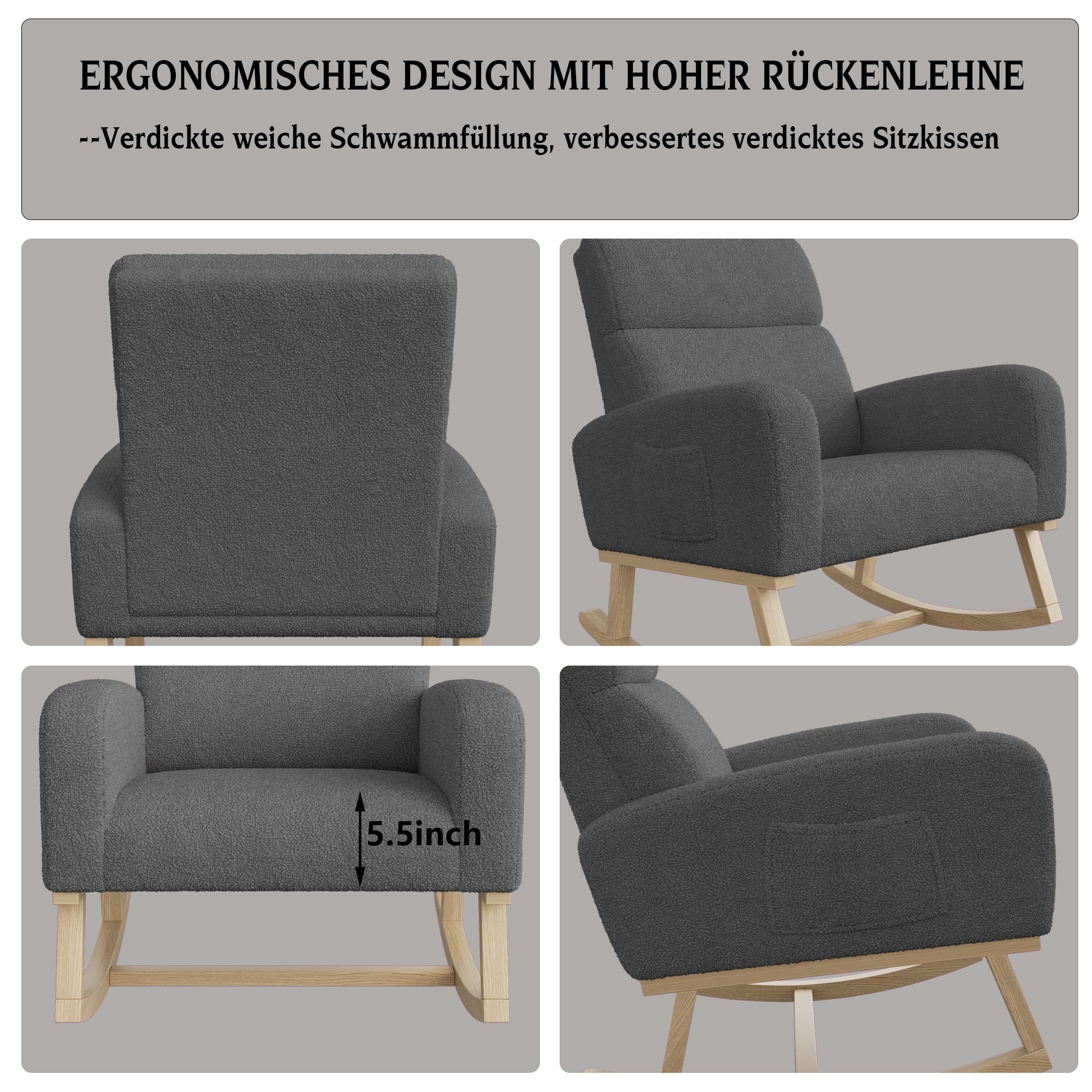 FEEOHOME Fauteuil à Bascule Velours Teddy avec Dossier et Accoudoirs Poche Base Bois pour Salon