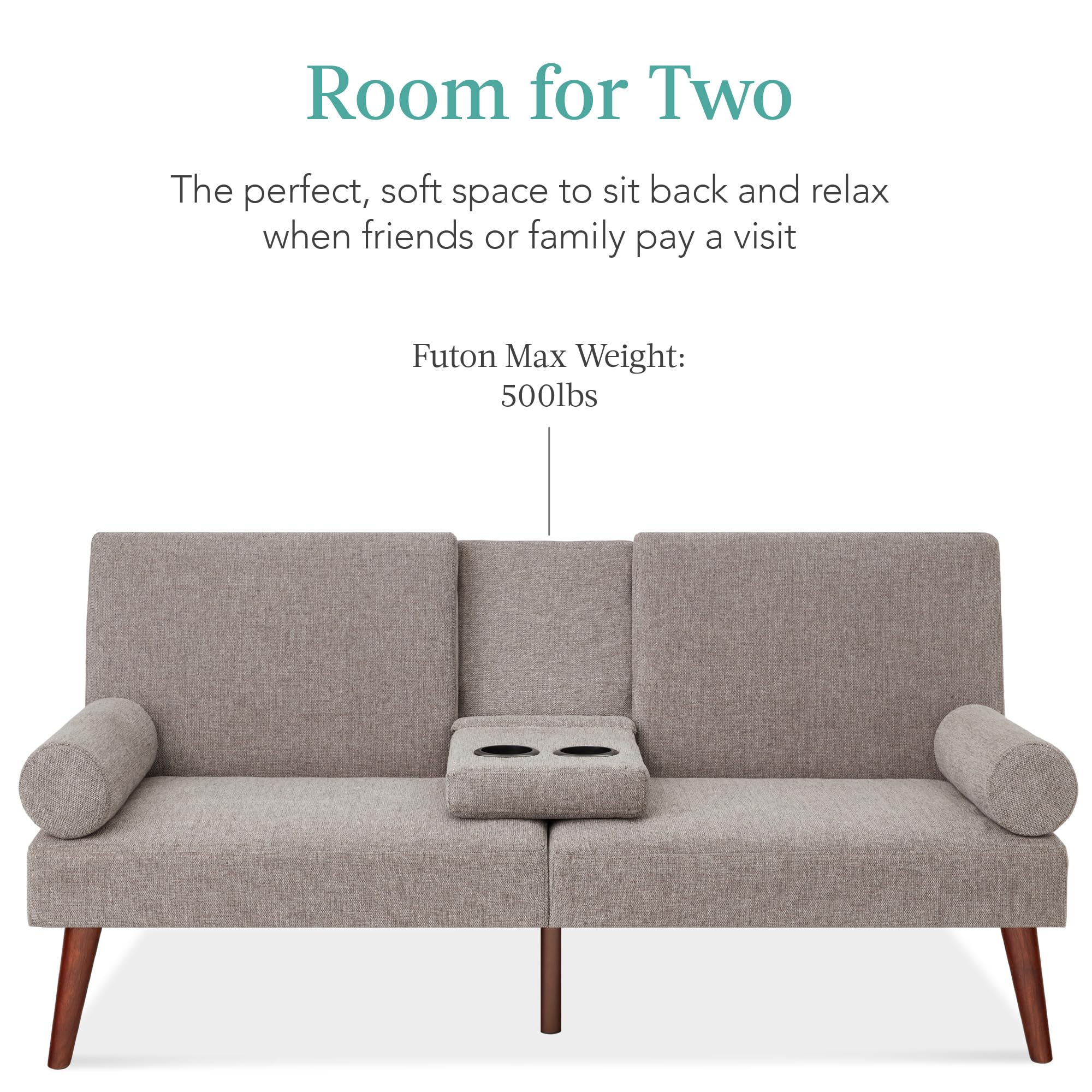 Best Choice Products Mid-Century Modern Upholstered Futon, Convertible Folding Sofa Bed, Small Couch w/Rounded Armrests, 2 Cupholders - Gray