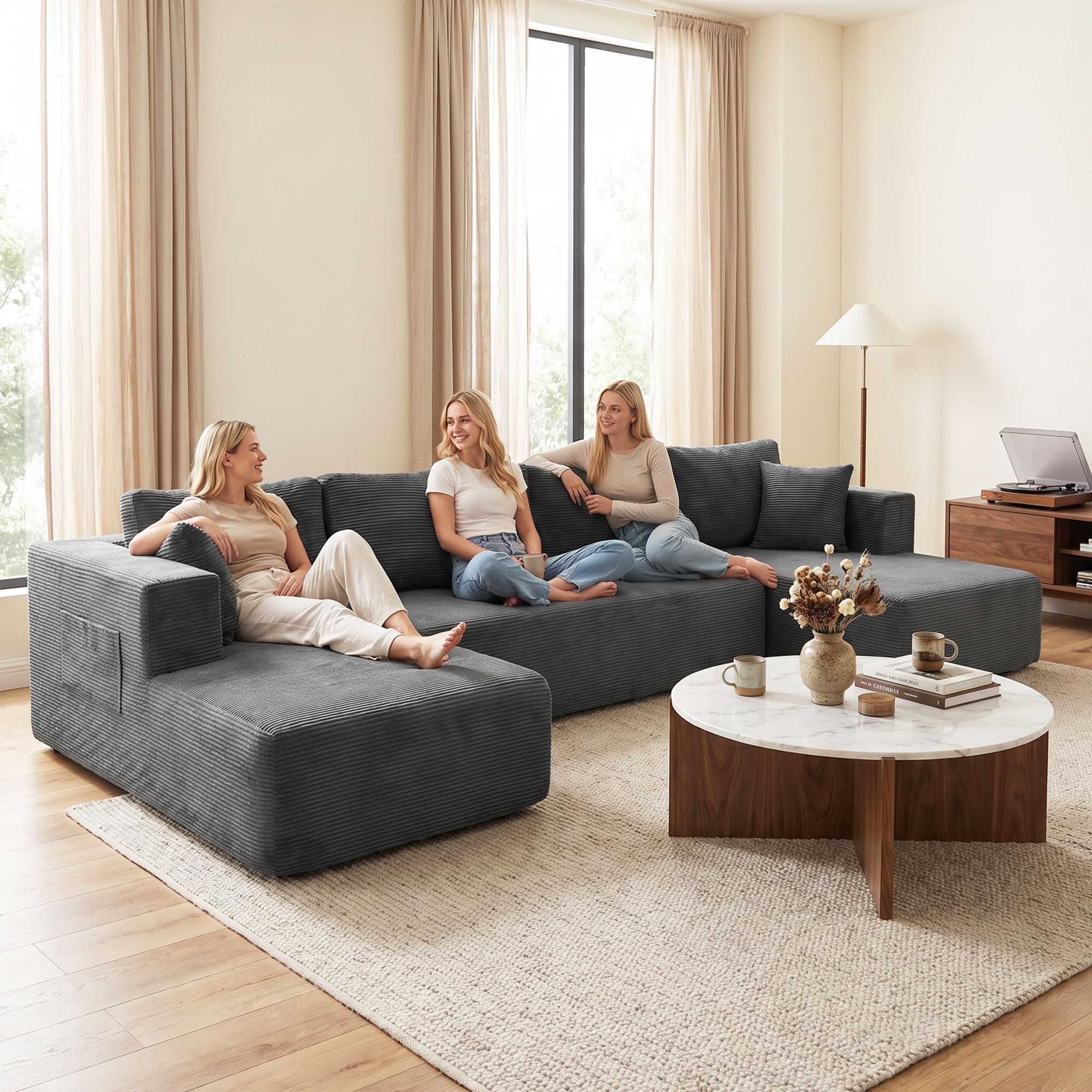 HOMCOM Canapé Modulaire en U Compressé 4 Places 2 Méridiennes Gris