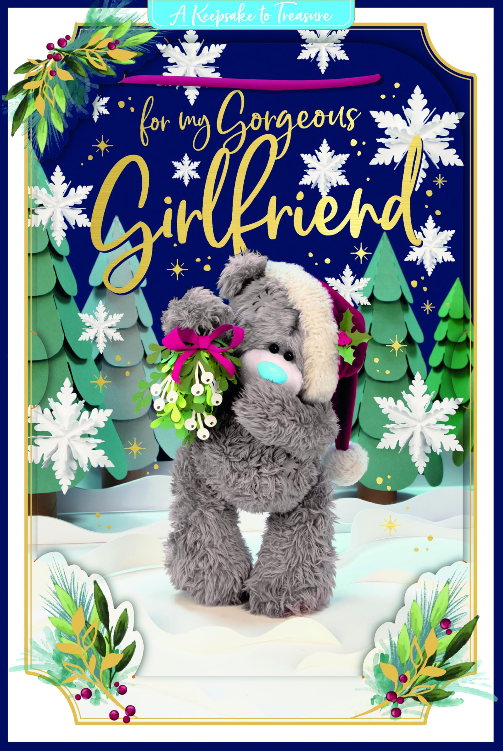 Me To You Tatty Teddy 3D Christmas Keepsake Card For My Gorgeous Girlfriend, Tatty Teddy Holding Mistletoe 6 X 9 Inches - Official Collection