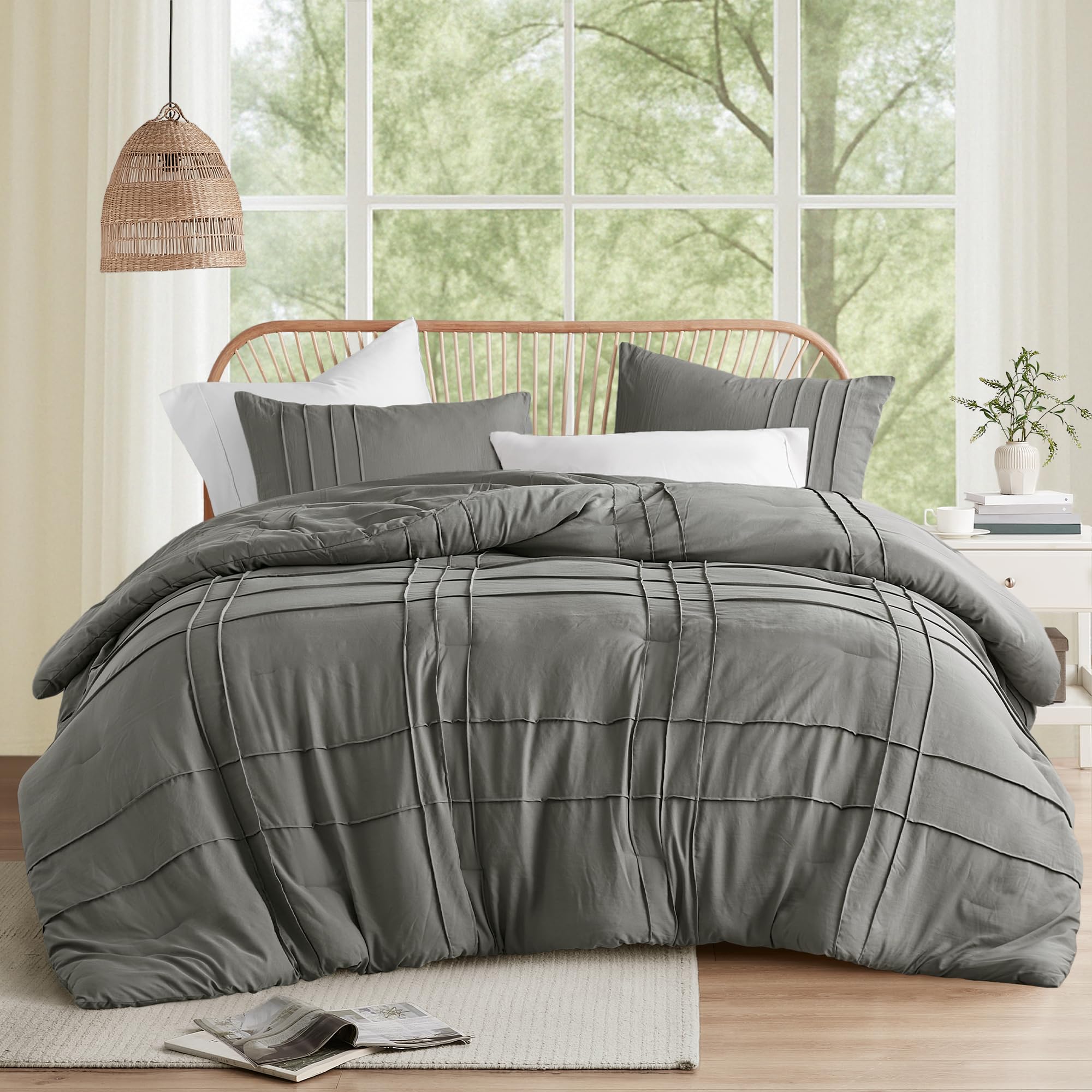 Comfort Spaces Grey Full Size Comforter Set - 3 Pieces Pintuck Pleated Bedding Set, All Season Lightweight, Extra Softness Pre-Washed Microfiber With Shams