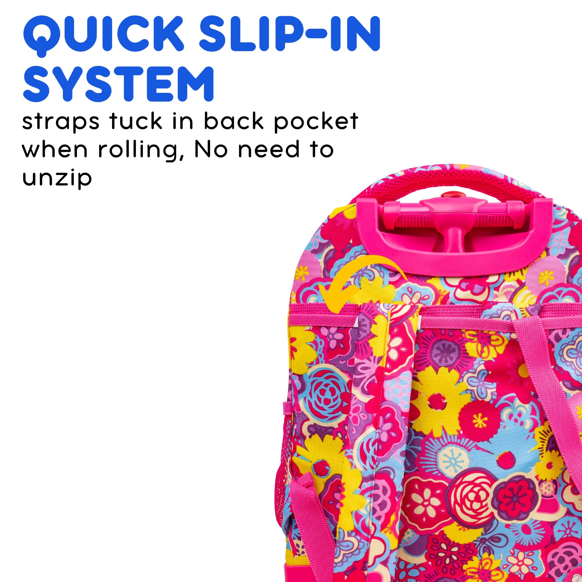 J World Sunny Rolling Backpack for Kids. Roller Bag With Wheels, Poppy Pansy