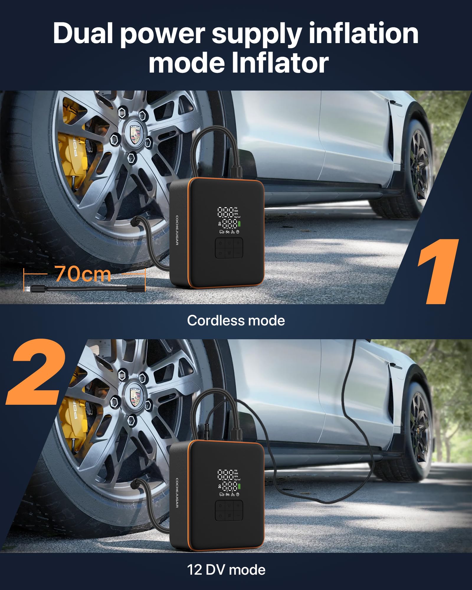 Compresor de aire portátil para inflador de neumáticos, bomba de aire inalámbrica para automóvil, SUV, bicicletas y más, inflado 5 veces más rápido con 7800 mAh 12 V CC, doble potencia,