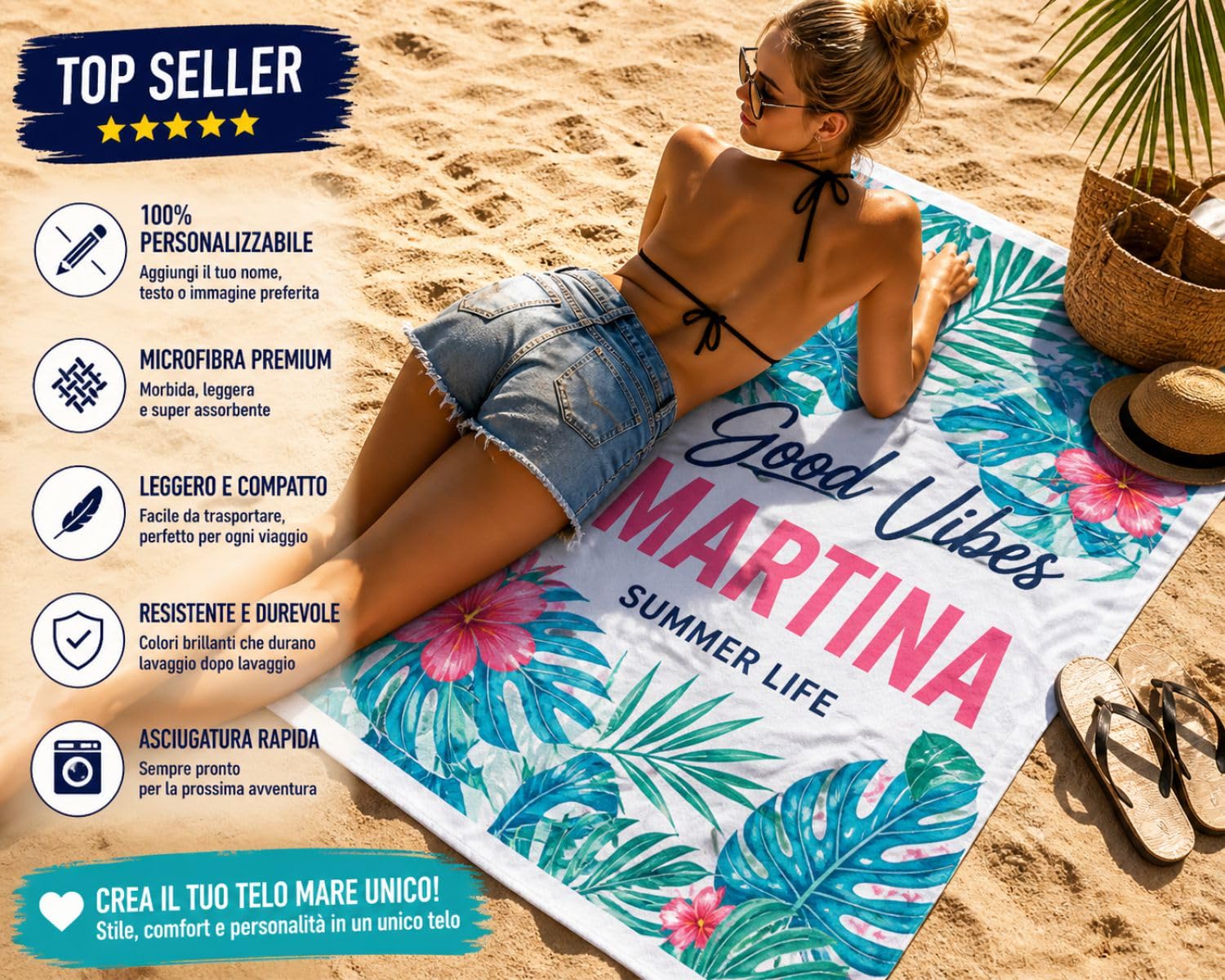 Telo Mare Personalizzato – Stampa Nome o Testo | Morbido, Assorbente e Ultra Leggero | Perfetto per Spiaggia, Piscina e Bagno