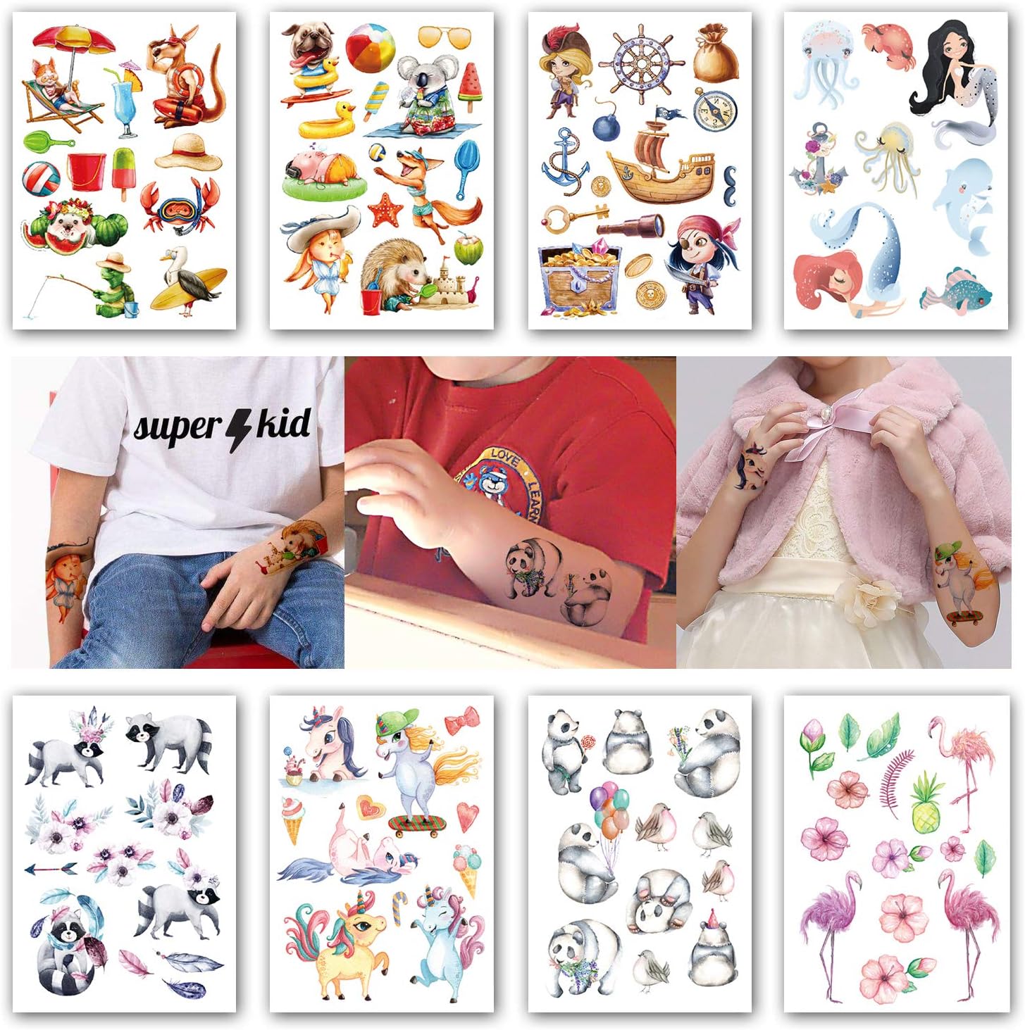 Kotbs 8 Sheets Temporary Tattoos Cartoon Mermaid Pirate Raccoon Unicorn Body Tattoos Waterproof Temporary Tattoo Sticker for Kids Girls Women Tattoos Body Art Fake Tatoo