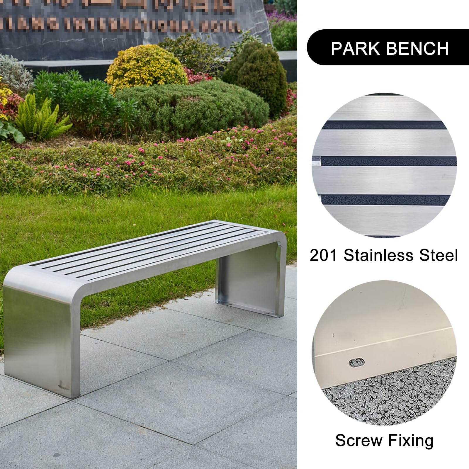 Edelstahl Gartenbank, Wetterfeste Parkbank mit 400kg Belastbarkeit, Metallbank für Terrasse Garten Öffentliche Bereiche Gewerblich Privat(150cm)